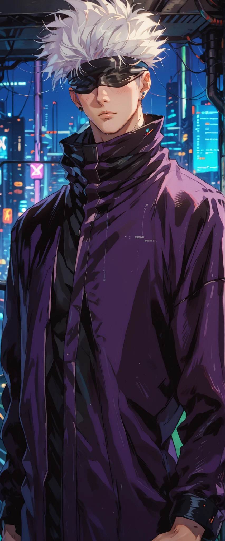 score_9, score_8_up, score_7_up, score_6_up, score_5_up, score_4_up, SatoruGojo, white hair, purple pants, high collar, blindfold, covered eyes, black blindfold, purple jacket, purple pants, 1boy, solo, alone, retro_artstyle, retro, cyberpunk, masterpiece, highres, cyberpunk city background