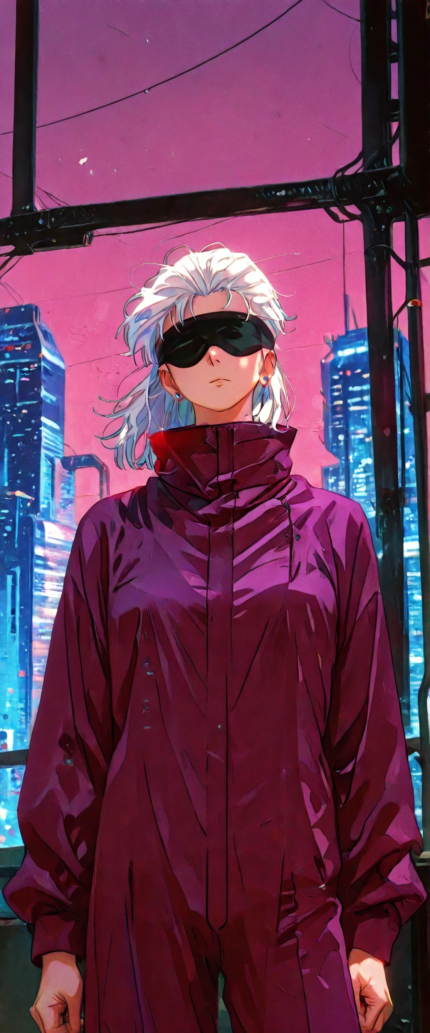score_9, score_8_up, score_7_up, score_6_up, score_5_up, score_4_up, SatoruGojo, white hair, purple pants, high collar, blindfold, covered eyes, black blindfold, purple jacket, purple pants, 1boy, solo, alone, retro_artstyle, retro, cyberpunk, masterpiece, highres, cyberpunk city background