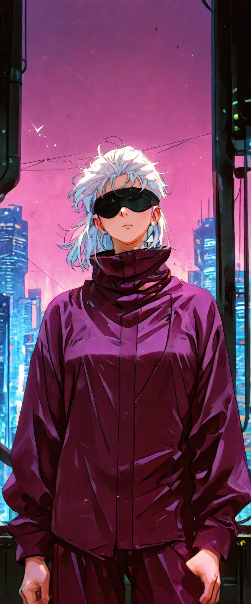 score_9, score_8_up, score_7_up, score_6_up, score_5_up, score_4_up, SatoruGojo, white hair, purple pants, high collar, blindfold, covered eyes, black blindfold, purple jacket, purple pants, 1boy, solo, alone, retro_artstyle, retro, cyberpunk, masterpiece, highres, cyberpunk city background