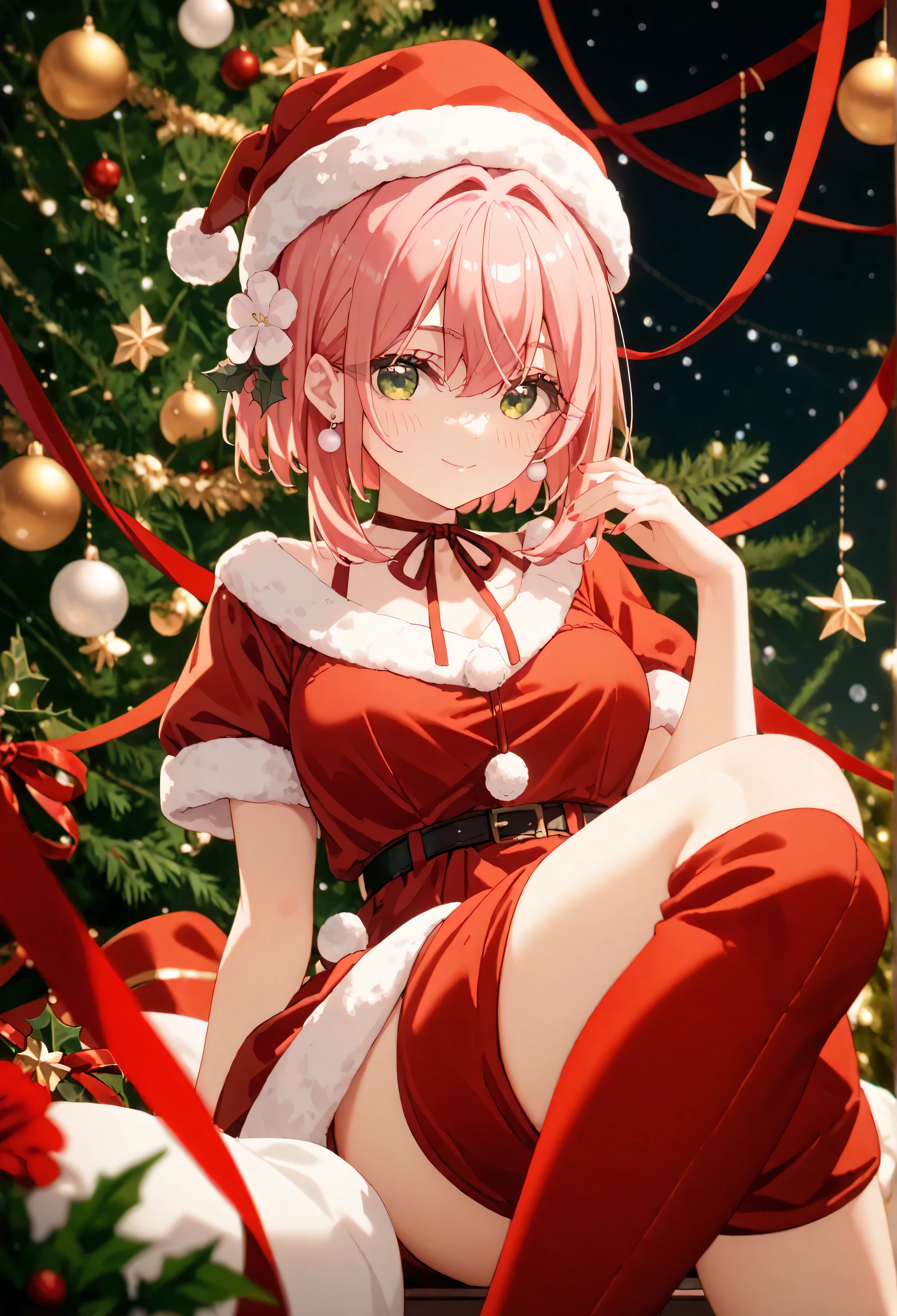 Christmas, 1girl, solo, red santa dress, santa hat,dress, looking at viewer, jewelry, red ribbon, bangs, earrings, boots, hakari hanazono, short hair, hair ornament, green eyes, pink hair, flower, hair flower, hair between eyes, sidelocks, thick thighs, thick legs, sexy legs, wide hips,