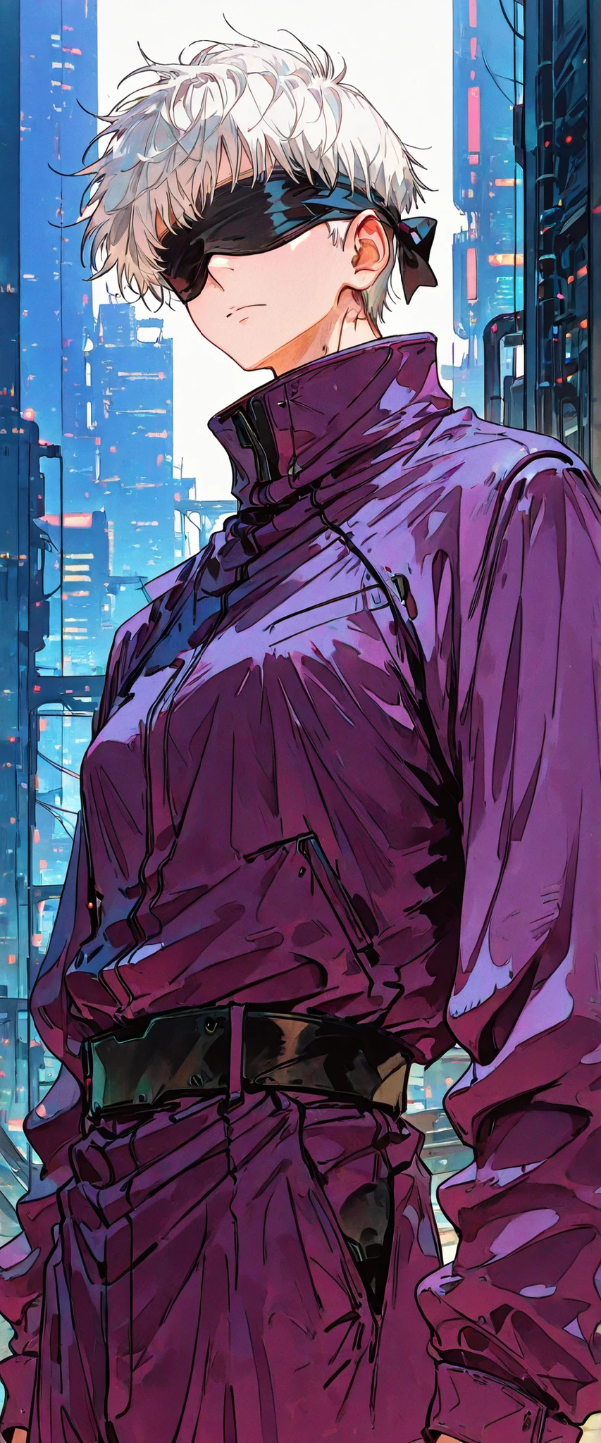 score_9, score_8_up, score_7_up, score_6_up, score_5_up, score_4_up, SatoruGojo, white hair, purple pants, high collar, blindfold, covered eyes, black blindfold, purple jacket, purple pants, 1boy, solo, alone, retro_artstyle, retro, cyberpunk, masterpiece, highres, cyberpunk city background
