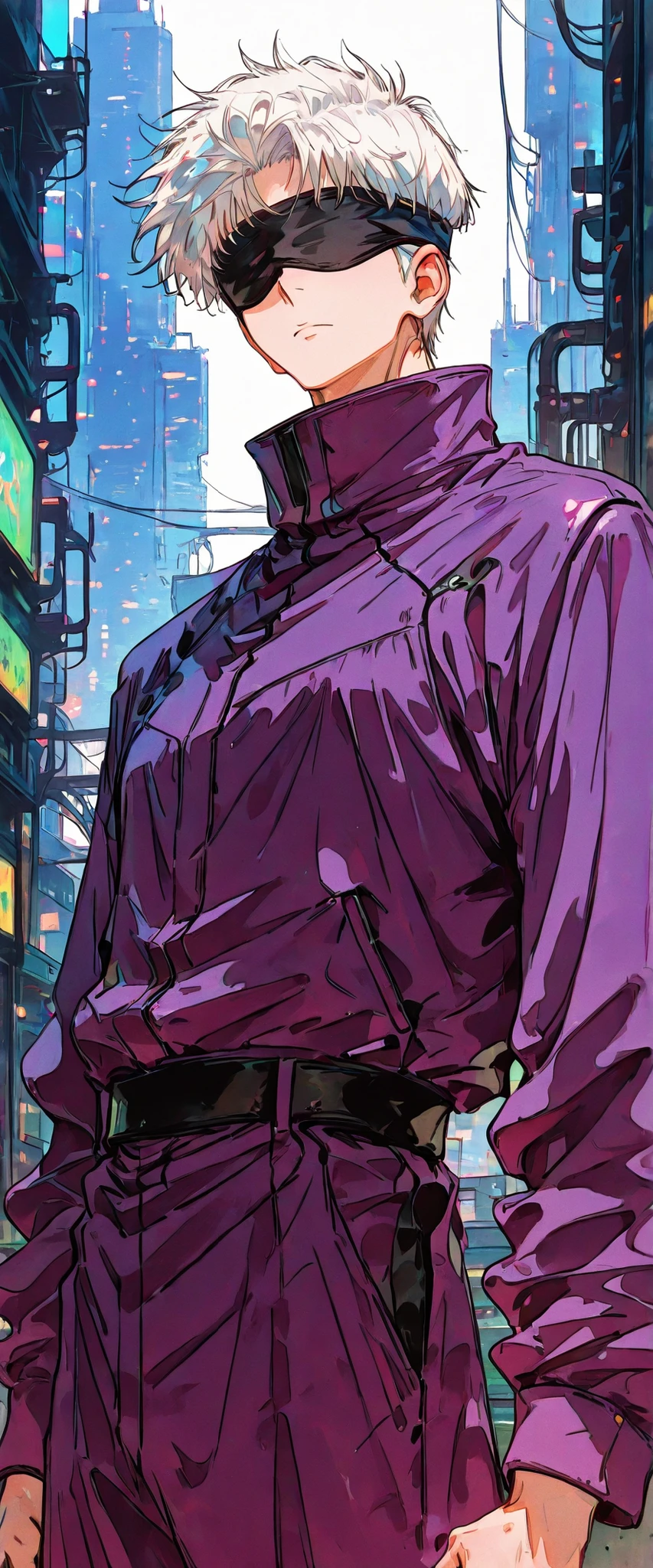 score_9, score_8_up, score_7_up, score_6_up, score_5_up, score_4_up, SatoruGojo, white hair, purple pants, high collar, blindfold, covered eyes, black blindfold, purple jacket, purple pants, 1boy, solo, alone, retro_artstyle, retro, cyberpunk, masterpiece, highres, cyberpunk city background