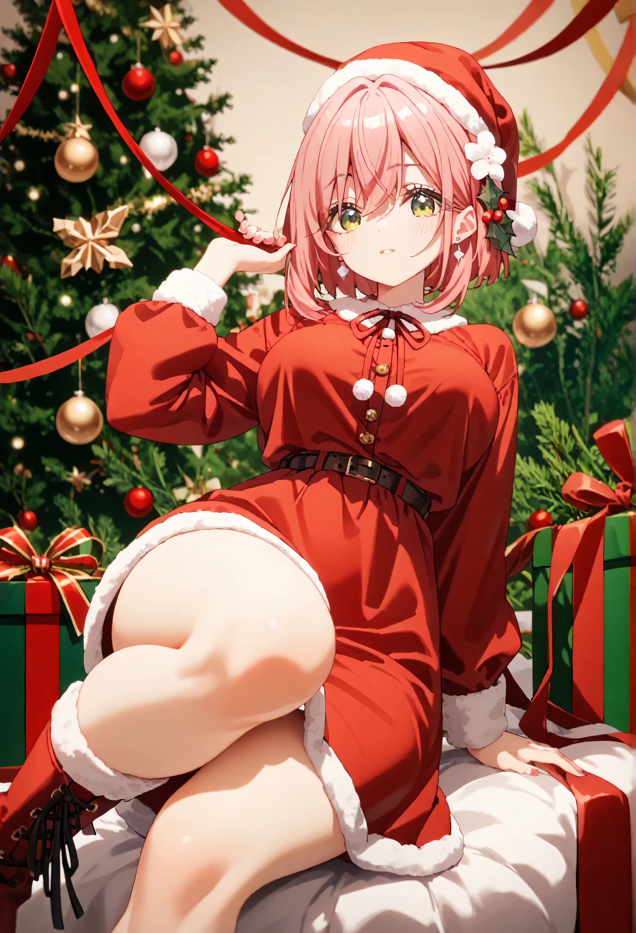 Christmas, 1girl, solo, red santa dress, santa hat,dress, looking at viewer, jewelry, red ribbon, bangs, earrings, boots, hakari hanazono, short hair, hair ornament, green eyes, pink hair, flower, hair flower, hair between eyes, sidelocks, large breasts, thick thighs, thick legs, sexy legs, wide hips,