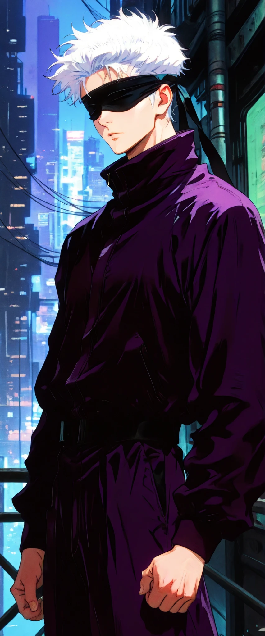 score_9, score_8_up, score_7_up, score_6_up, score_5_up, score_4_up, SatoruGojo, white hair, purple pants, high collar, blindfold, covered eyes, black blindfold, purple jacket, purple pants, 1boy, solo, alone, retro_artstyle, retro, cyberpunk, masterpiece, highres, cyberpunk city background