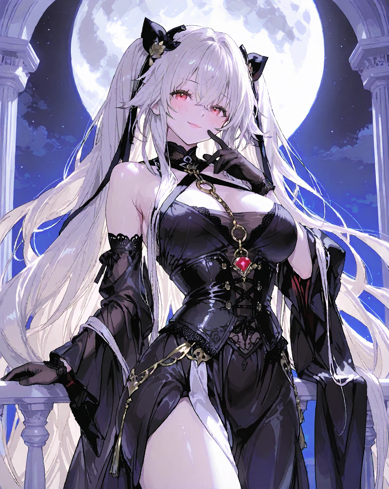 score_9, score_8_up, score_8,rating_safe,(1girl ), 

Anchorage (Azur Lane) ,A breathtakingly beautiful vampire queen standing alone on the moonlit balcony of an ancient gothic castle, velvet night sky and full moon behind her. She wears long, luxurious black velvet gloves that reach her elbows, softly catching the silver moonlight. Her skin is flawless porcelain pale, glowing ethereally, impossibly smooth and luminous like polished marble kissed by starlight. She has an exquisitely perfect face: high cheekbones, full sensual lips slightly parted, large almond-shaped crimson eyes with long lashes, delicate arched eyebrows, long flowing silver-white hair cascading over her bare shoulders. Her expression is a seductive blend of serene happiness and shy, blushing arousal, subtle smile, gentle flush on her cheeks, eyes softly gazing upward at the moon with dreamy longing.

Her body is the ultimate embodiment of feminine sensuality: hourglass figure, voluptuous yet elegant, wearing a deep black gothic velvet corset dress that clings to every curve, low neckline revealing perfect décolletage, the fabric shimmering under moonlight. Extreme beauty, hyper-feminine allure, intoxicating and mesmerizing presence. Cinematic lighting, soft moon glow caressing her skin, delicate shadows accentuating her exquisite features and the texture of velvet gloves. Ultra-detailed, photorealistic, 8k, masterpiece, sensual gothic fantasy aesthetic.