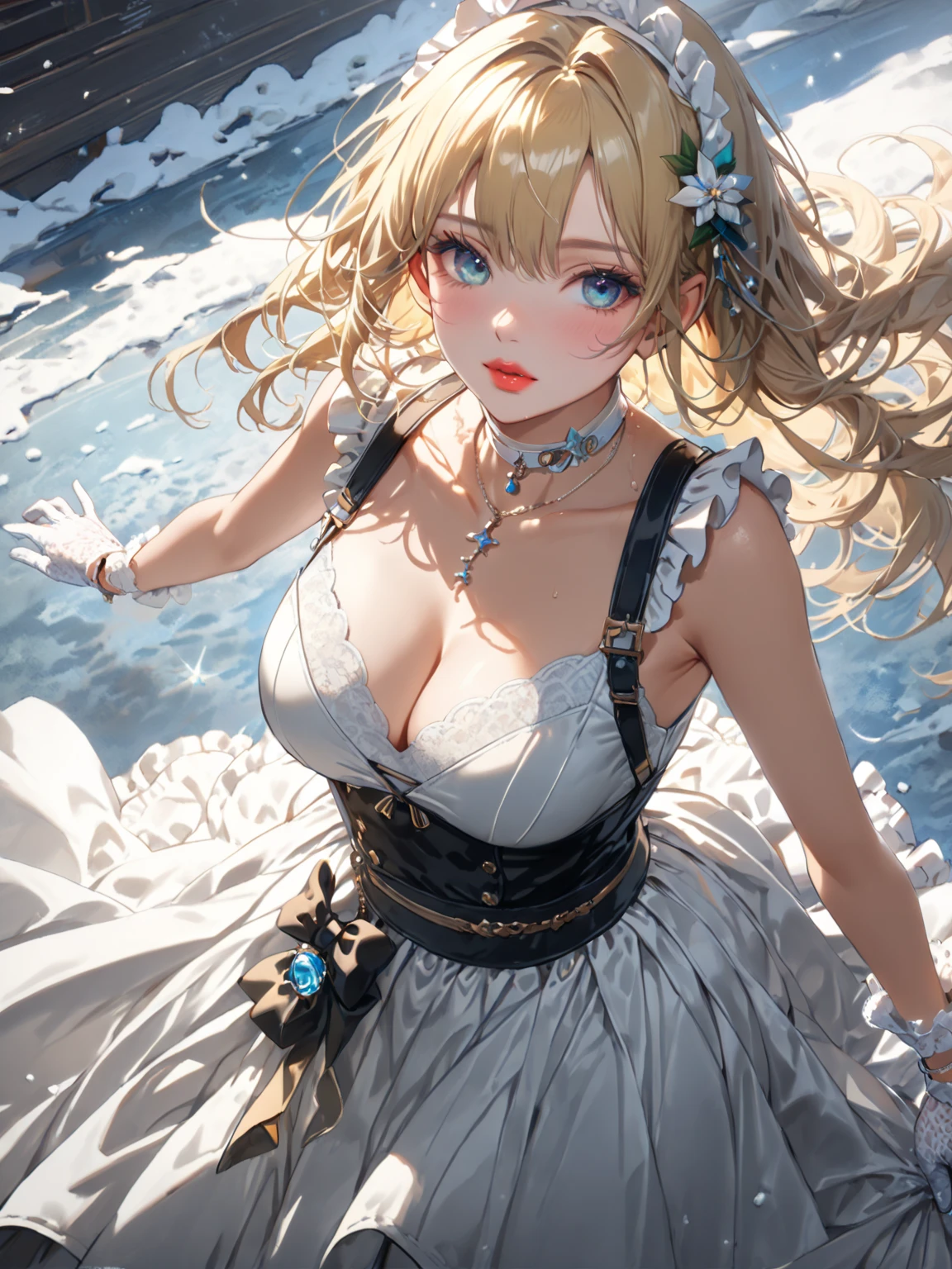 ((dress_default, terrific_default, ornament_waist)):1.5,((独奏, 1girl)) ((masterpiece,Highest quality,Highly detailed images,Beautiful images、Realistic、Dutch Angle)),（Top-down angle image）、 (Bright lighting overall、Backlight、A fantastic atmosphere、Thick Fog、Dust flutters),(Sexy pose、Beautiful cleavage、huge breasts, Place your hands behind your back:1.5、Leaning forward、Charming smile), ((Beautiful starry sky、shooting star、Ocean))、Black sleeves、Emphasize the chest、Looking up、Hands behind the body、Leaning forwardに
