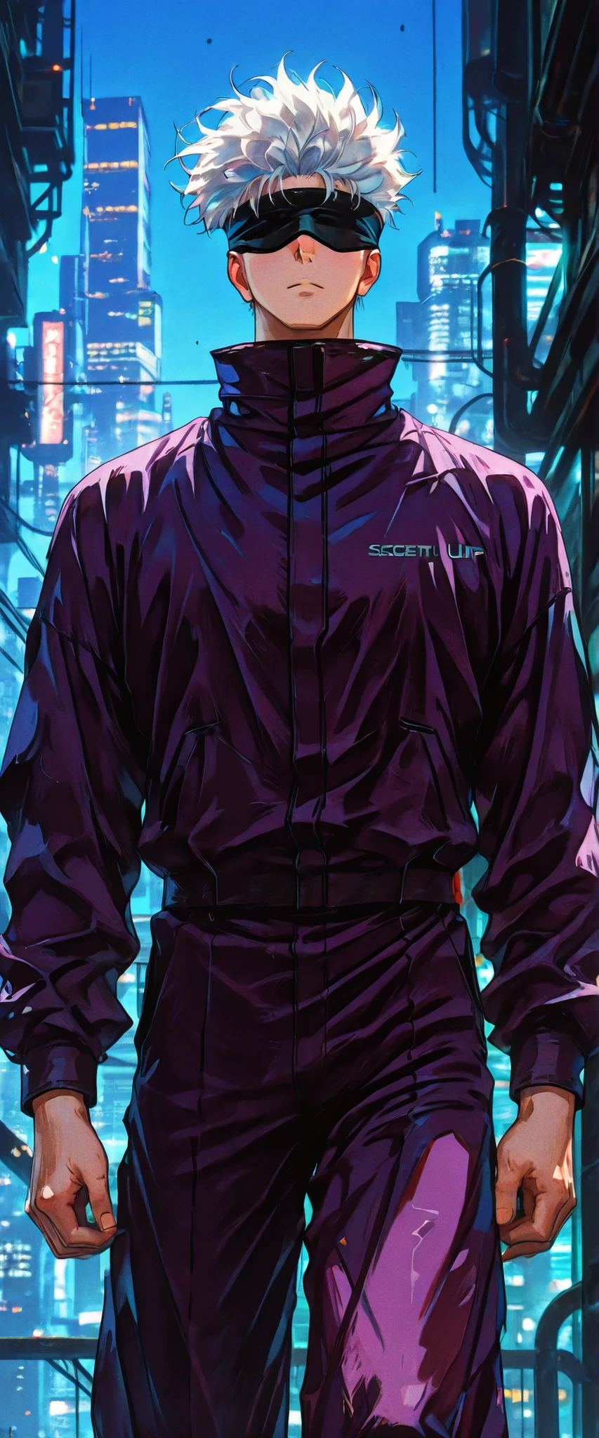 score_9, score_8_up, score_7_up, score_6_up, score_5_up, score_4_up, SatoruGojo, white hair, purple pants, high collar, blindfold, covered eyes, black blindfold, purple jacket, purple pants, 1boy, solo, alone, retro_artstyle, retro, cyberpunk, masterpiece, highres, cyberpunk city background