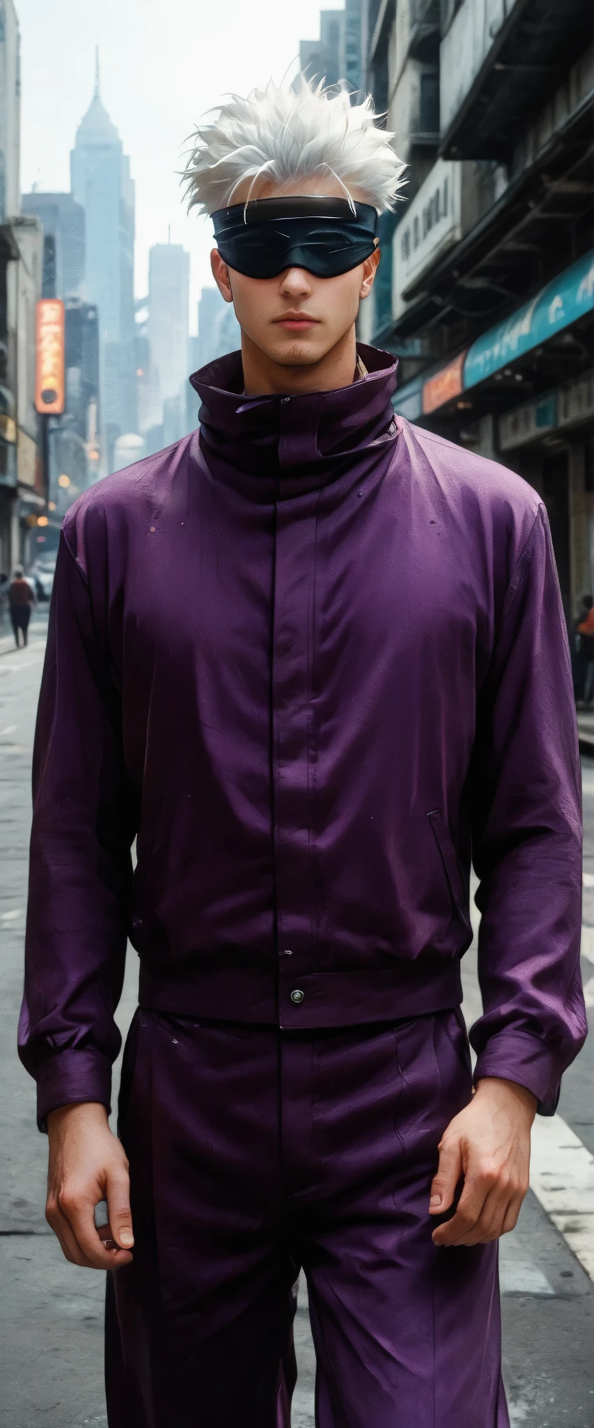 score_9, score_8_up, score_7_up, score_6_up, score_5_up, score_4_up, SatoruGojo, white hair, purple pants, high collar, blindfold, covered eyes, black blindfold, purple jacket, purple pants, 1boy, solo, alone, retro_artstyle, retro, cyberpunk, masterpiece, highres, cyberpunk city background