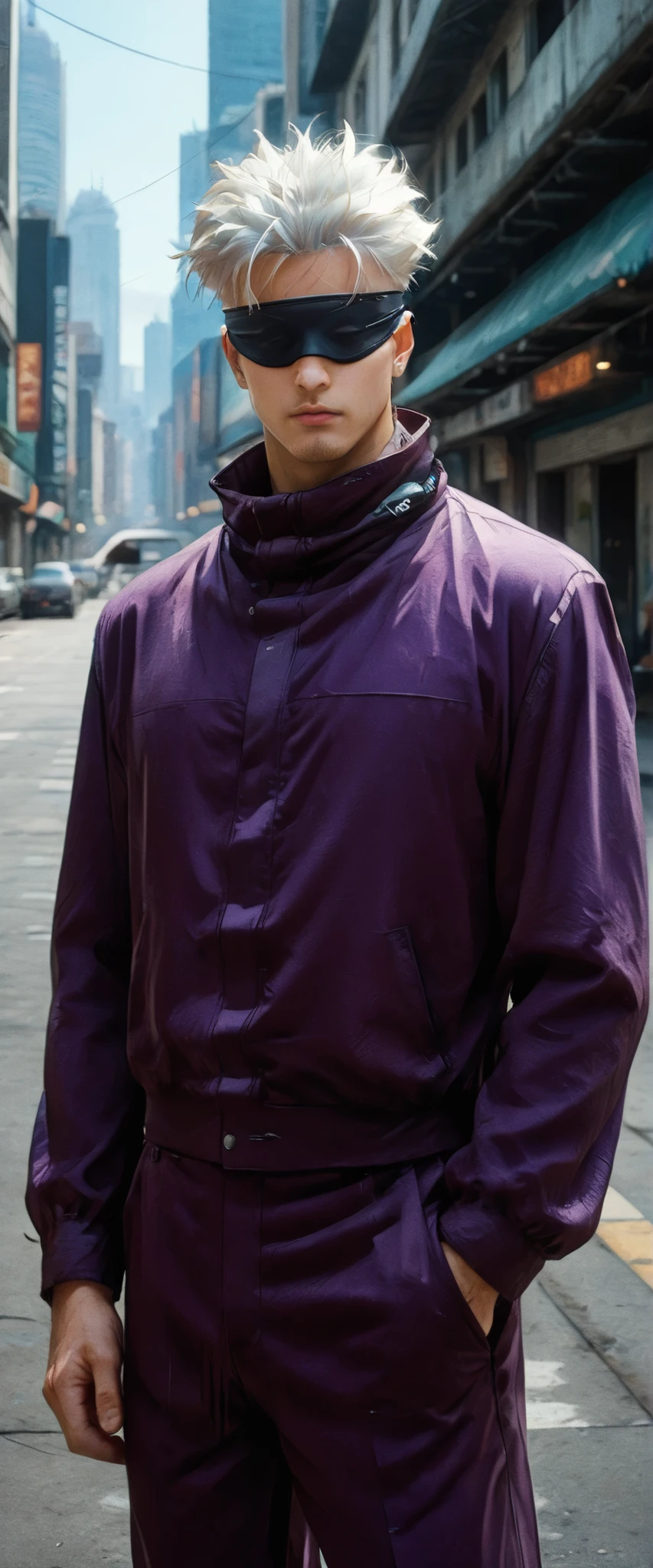 score_9, score_8_up, score_7_up, score_6_up, score_5_up, score_4_up, SatoruGojo, white hair, purple pants, high collar, blindfold, covered eyes, black blindfold, purple jacket, purple pants, 1boy, solo, alone, retro_artstyle, retro, cyberpunk, masterpiece, highres, cyberpunk city background
