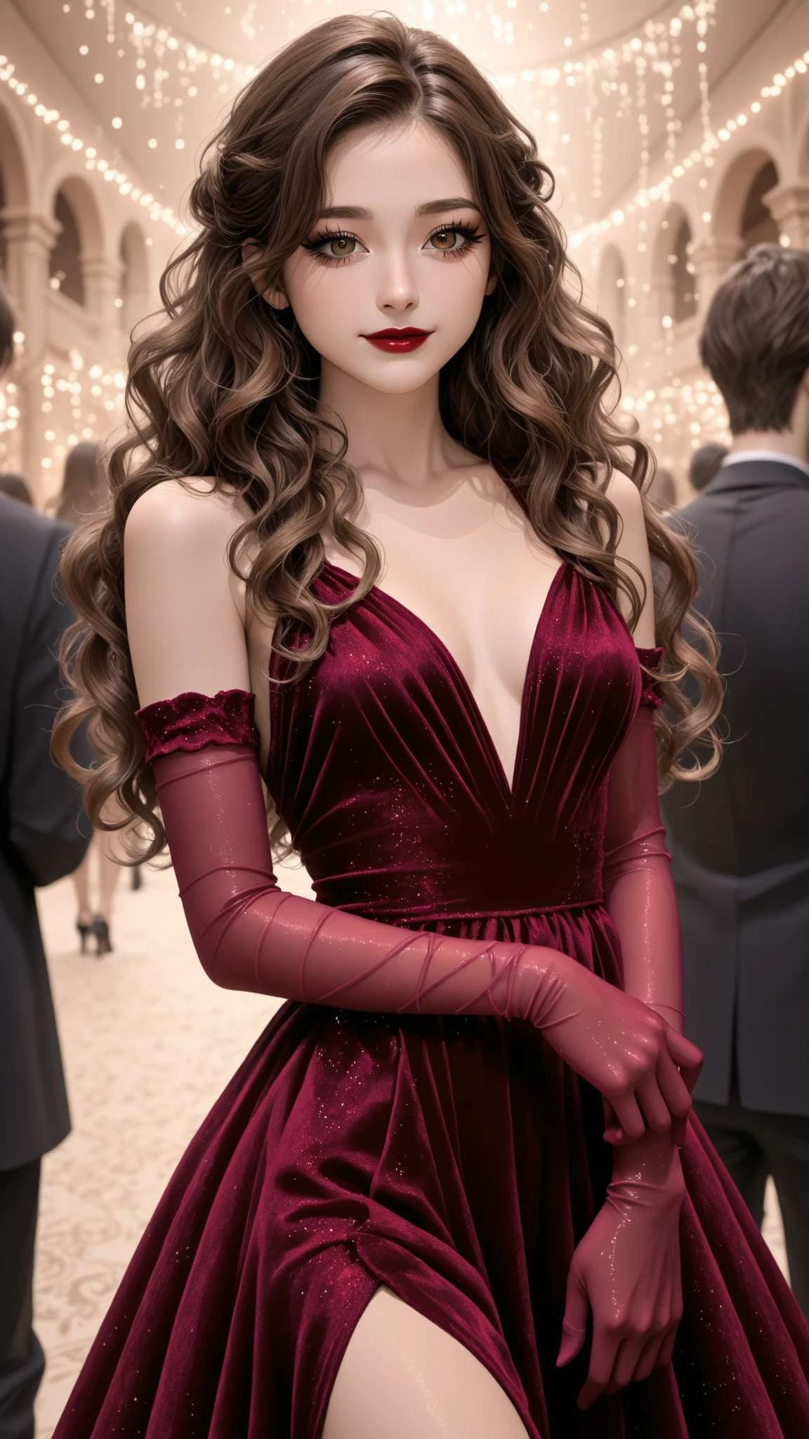 It is_0004, A girl, brown hair, brown eyes, eyelashes, cabello largo, lipstick, wavy hair, velvet dress, long velvet gloves, Party place, light smile, disparo de vaquero