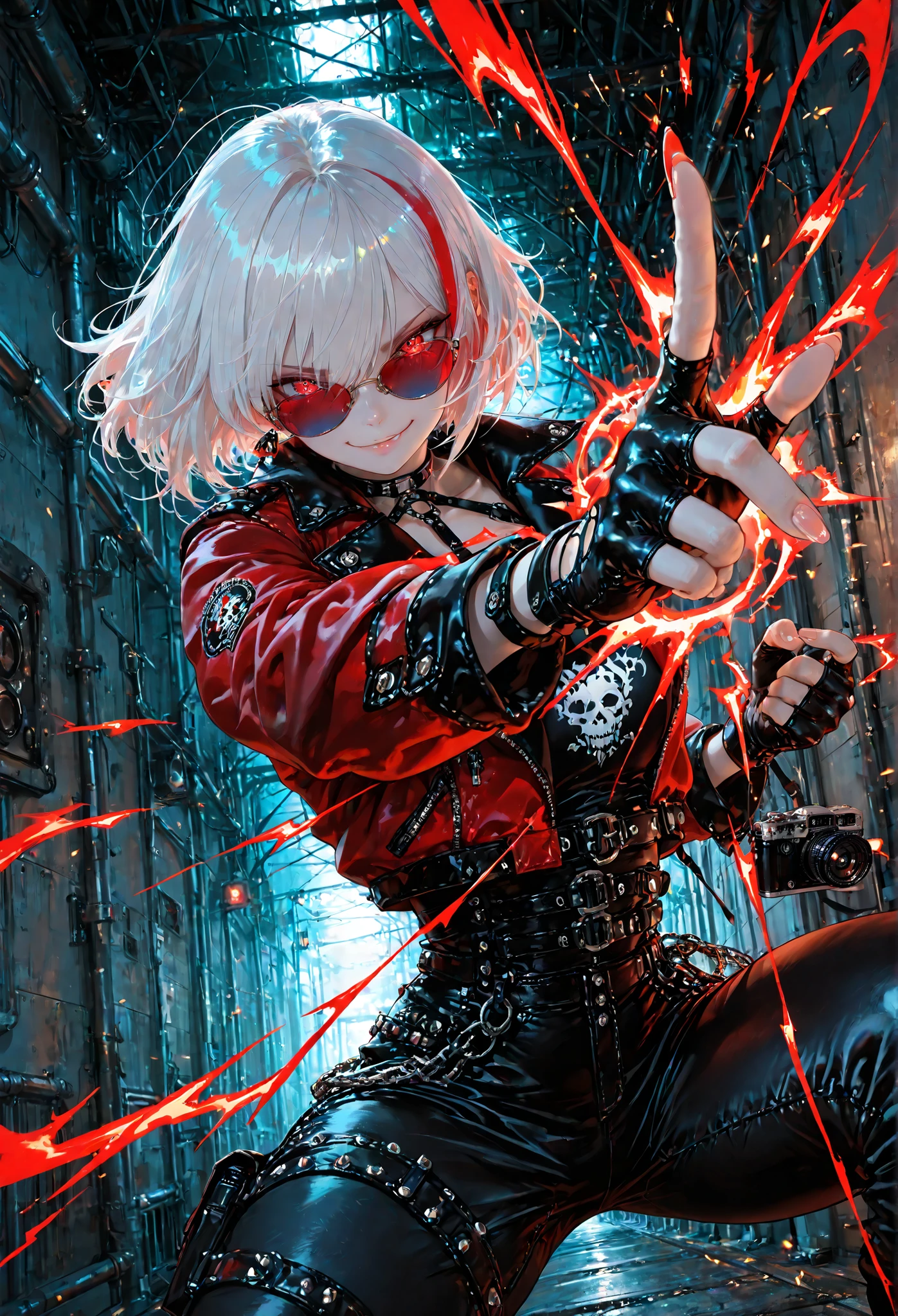 (masterpiece:1.3, best quality:1.3, ultra-detailed:1.25, 8k, high resolution, realistic anime style:1.25, dramatic lighting:1.2, glossy highlights, dynamic action pose:1.2, intense expression:1.15, cinematic close-up), 1girl, solo, fierce aura, confident stance, (action pose:1.2), pointing finger, (short white hair with red streaks:1.2), messy layered bob, red tinted sunglasses, cool beauty, sharp eyes, subtle smirk, pale smooth skin, glossy texture
Outfit: red cropped leather jacket (shiny, reflective), black latex bodysuit with zipper details, corset straps, silver buckles, side lace-up pants, hanging metal chains, punk-modern hybrid fashion, (figure-hugging silhouette:1.15), high waist line, strong bodyline
Hands / Gloves: (fingerless velvet gloves:1.3), (soft velvet texture:1.25), (visible fingertips:1.3), (defined glove edges:1.2), (detailed hand anatomy:1.2), (natural finger shape:1.2)
Scene: abandoned industrial hallway, broken lights flickering, blue-tinted shadows, ambient smoke, red kinetic energy streaks swirling, motion blur sparks, power surge effect around hand, camera angle low-to-mid close-up, perspective exaggerated, strong depth, glossy reflections on walls
Mood: intense, stylish, dangerous elegance, modern anti-hero vibe, Velvet Pulse aura, high-fashion combat tone
DETAIL FIX: (detailed hands:1.2), (five fingers visible:1.25), catchlight, iris detail, sharp facial lines