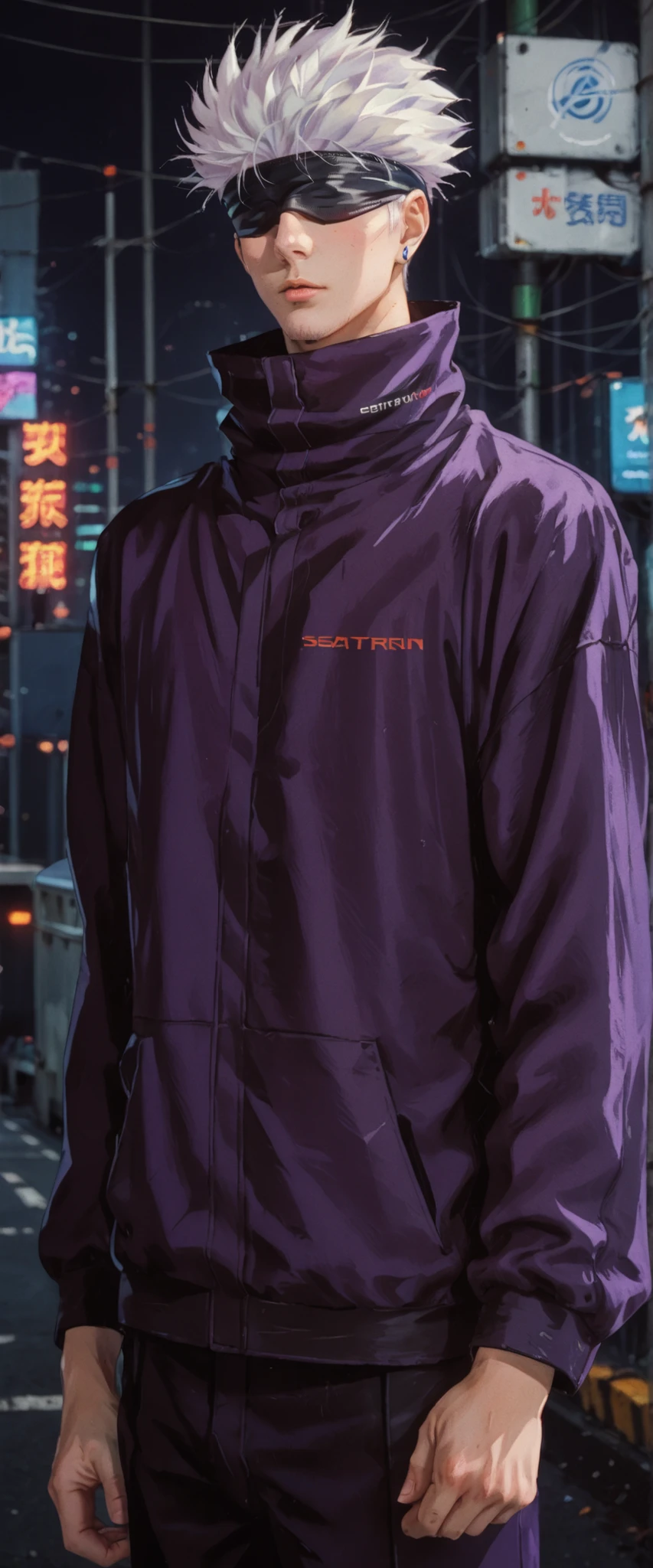 score_9, score_8_up, score_7_up, score_6_up, score_5_up, score_4_up, SatoruGojo, white hair, purple pants, high collar, blindfold, covered eyes, black blindfold, purple jacket, purple pants, 1boy, solo, alone, retro_artstyle, retro, cyberpunk, masterpiece, highres, cyberpunk city background