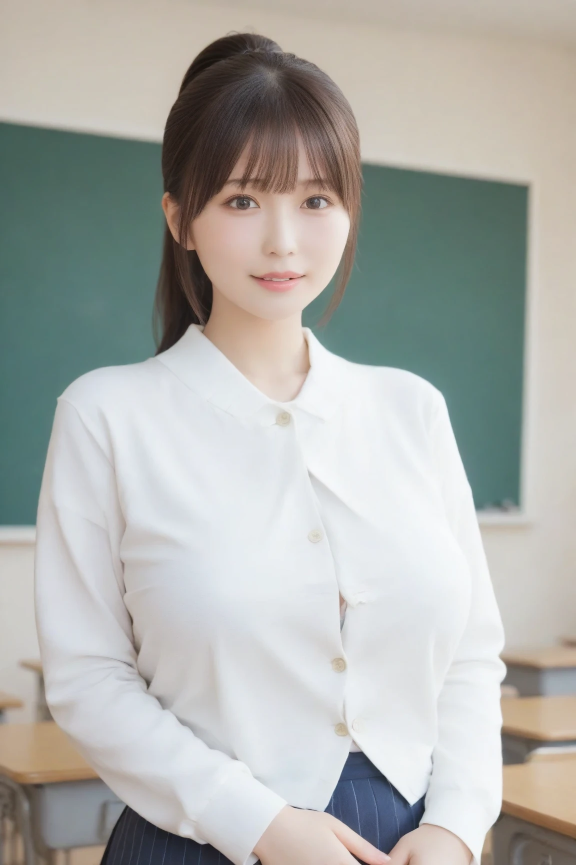 School classroom podium, Highest quality, shape, Very detailed, In detail, High resolution, 8k wallpaper, Perfect dynamic composition, Beautiful details,  Natural Lip, Teacher Tight Skirt, Big Breasts, Cleavage, She is smiling in a cute pose at the podium..., A masterpiece of the whole body, Side Short