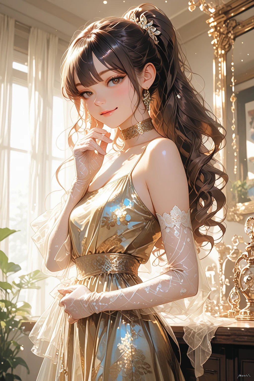 Special clothes47,jewelry,dress, fashi-girl, ((cowboy shot)), A beautyful girl, a young female model, Random pose, posing elegantly, visually appealing, tmasterpiece, (Best quality at best, 4K, 8K, A high resolution, tmasterpiece:1.2), a warm color palette, ultra - detailed, Ultra-fine painting, delicated face, long slim figure, slim, largeeyes, pretty eyes, Hefty Smile, Random shooting angle, Random scenes