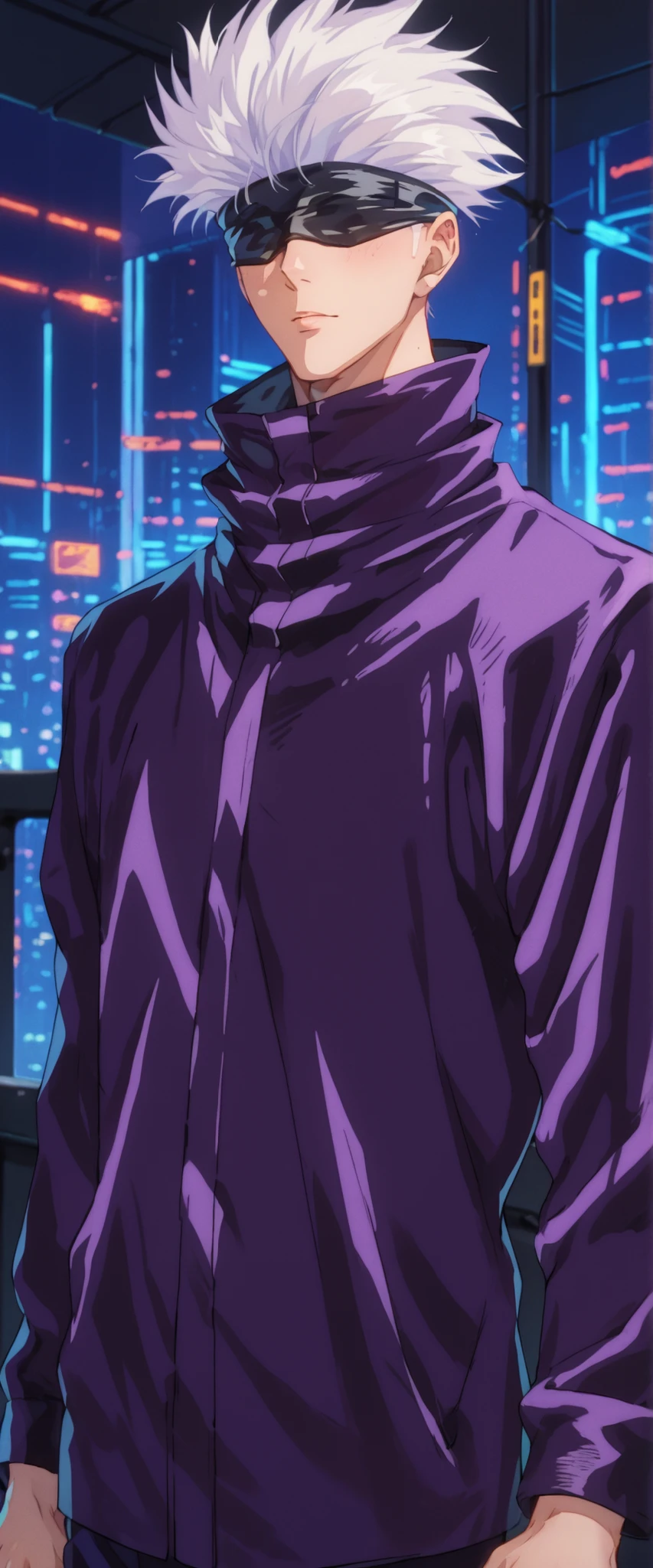 score_9, score_8_up, score_7_up, score_6_up, score_5_up, score_4_up, SatoruGojo, white hair, purple pants, high collar, blindfold, covered eyes, black blindfold, purple jacket, purple pants, 1boy, solo, alone, retro_artstyle, retro, cyberpunk, masterpiece, highres, cyberpunk city background