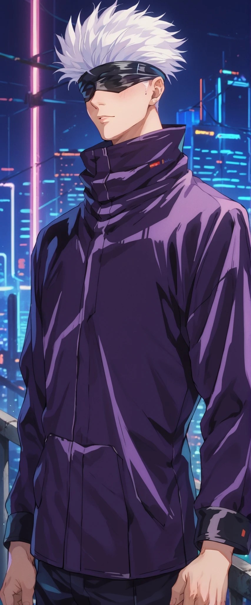 score_9, score_8_up, score_7_up, score_6_up, score_5_up, score_4_up, SatoruGojo, white hair, purple pants, high collar, blindfold, covered eyes, black blindfold, purple jacket, purple pants, 1boy, solo, alone, retro_artstyle, retro, cyberpunk, masterpiece, highres, cyberpunk city background