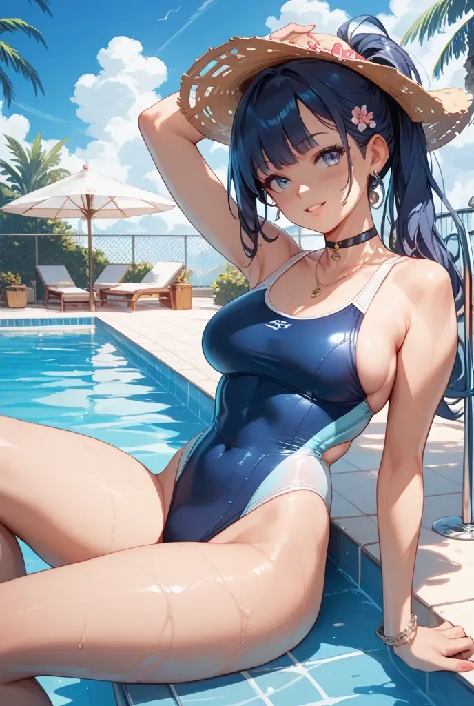 (4K,masterpiece,best quality),,(back shot),Pushing hips backward,,(multiple japanese women),(35 years old):1.2,slender body,outdoor,no item,no object,bob cut,long hair,brown hair,detailed face,light smile,shy,no nose hole,finely detailed skin,big breast,beautiful hips,(closed-fitting deep-blue compression one piece swimsuit):1.2,wet,(emphasize body line):1.2,