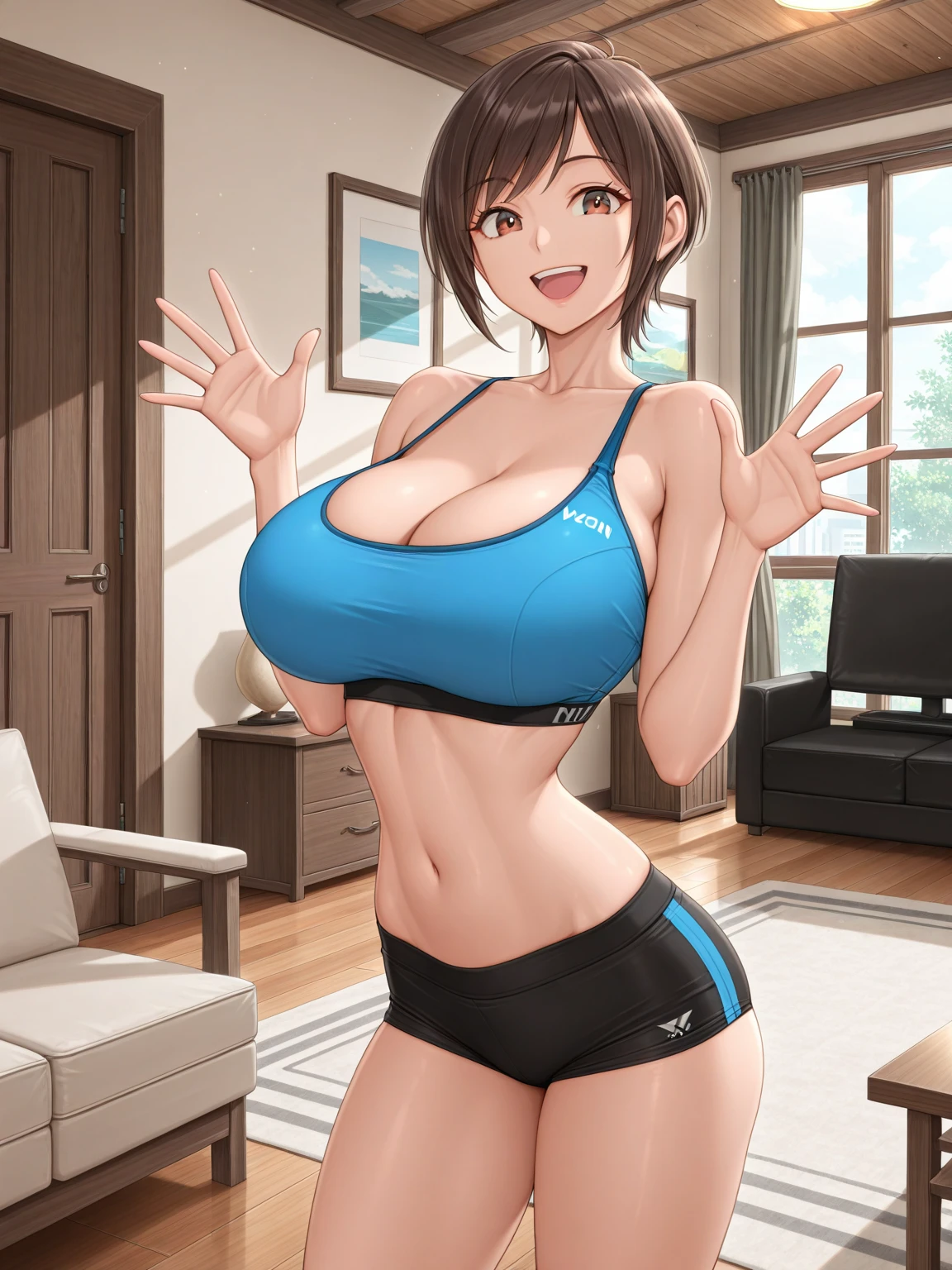 ((mejor calidad)), ((Obra maestra)), (detallado), perfect face 45 years old, con grandes pechos, short brown hair, ropa deportiva amarilla ????, alta, ruda

