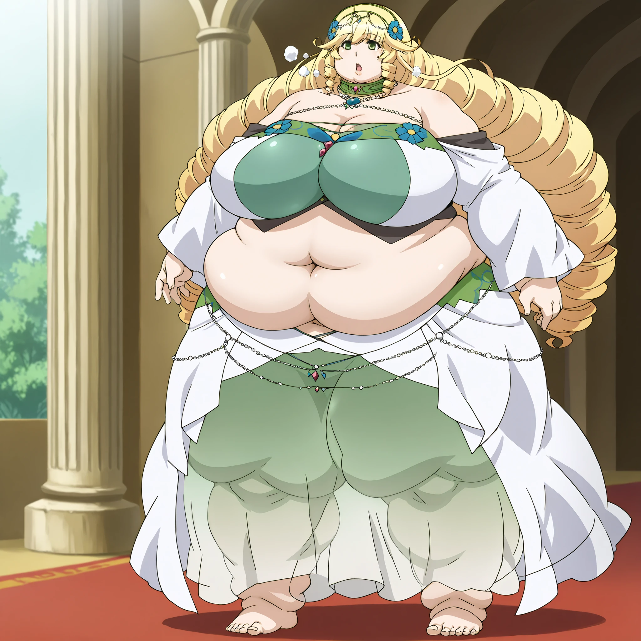 Sofya_O, 1girl,solo,blonde hair, green eyes,long drill hair,flower hairband,tiara,
jewellery necklaces, choker, bare shoulders top,navel, detached sleeves,sarong,see-through skirt, very gigantic breasts, deep clevage, breasts, fat, chubby, obese, fat neck, multiple chins, big breasts open mouth, out of breath, Larger female, full body shot, only head, large head, oversized limbs, large hands, large feet, oversized feet, oversized fingers, big lips, plump lips, fat face, fupa, big fupa, fat fupa,