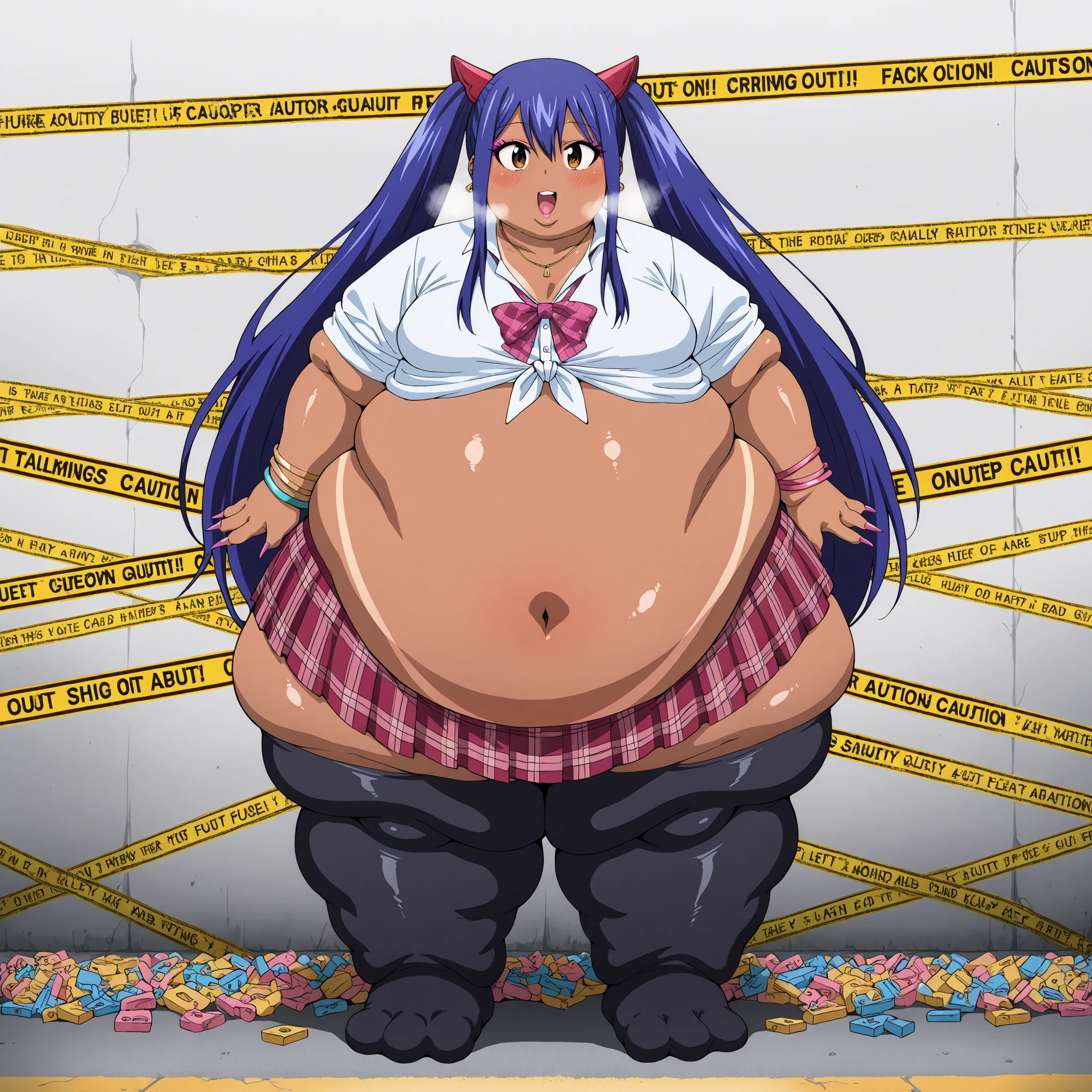 wendy marvell, long hair, hair ornament, ribbon, hair between eyes, twintails, brown eyes, very long hair, blue hair, dark eyes, collared shirt, tied shirt, pleated skirt, flashy gyaru, happy, showy,too many accessories, colorful , kogal, kogal gyaru, necklace, earrings, bracelet, navel, midriff, skirt, Black stockings, dark skin, dark-skinned female, makeup, eyeshadow, gyaru, tanned skin, shiny skin, Metallic Tan, colored skin, jet-black skin, Lewd, slutty_clothes,Improv, Browsing Caution,glamorous, blush, Blushed, Yellow Eyes,, Tan Lines,, fat, chubby, obese, fat neck, multiple chins, small breasts open mouth, out of breath, Larger female, full body shot, only head, large head, oversized limbs, large hands, large feet, oversized feet, oversized fingers, big lips, plump lips, fat face, fupa, big fupa, fat fupa,