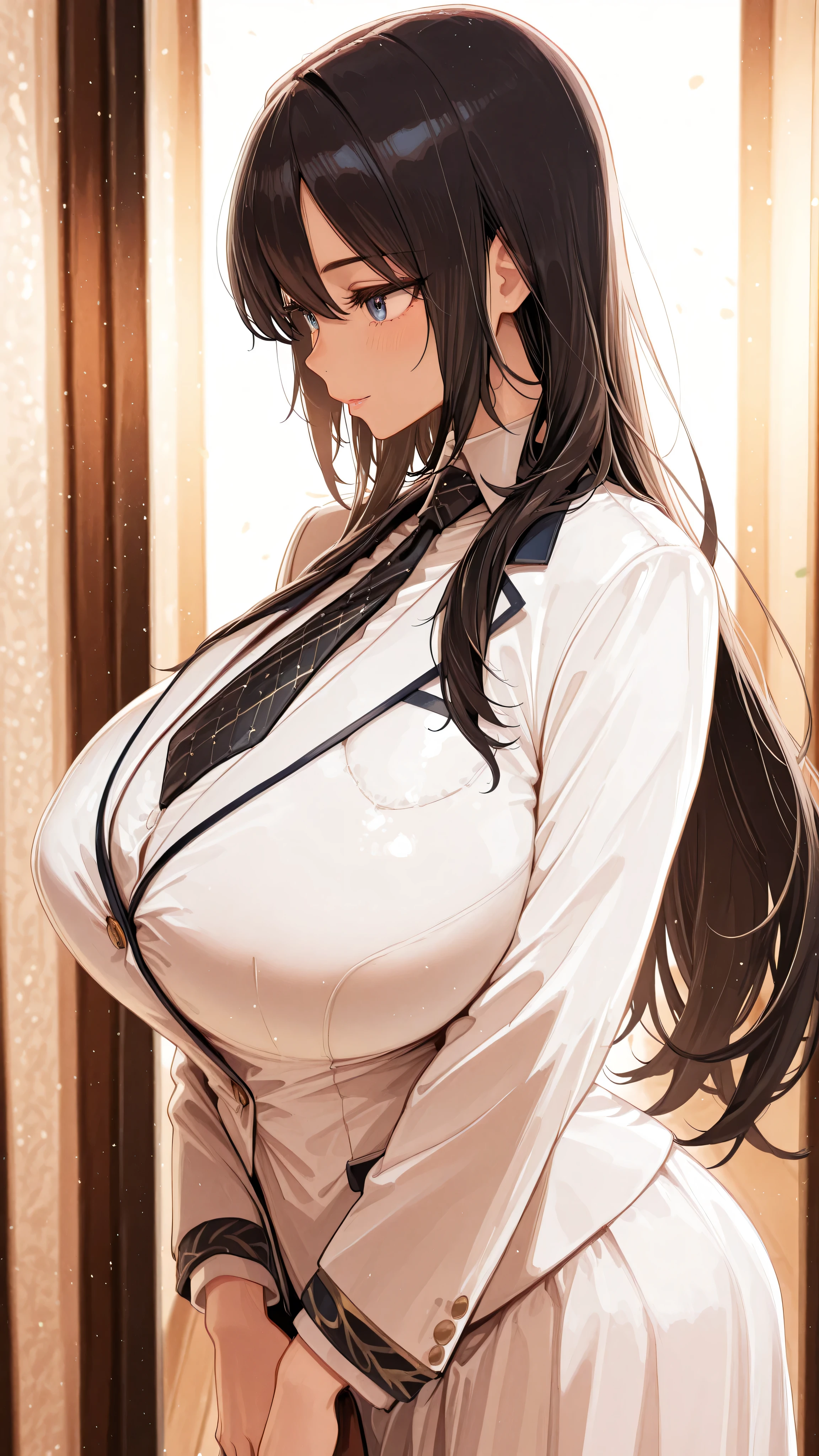 Black long hair,beautiful,4k,huge breast,lot of Pierce,school suits costume, masterpiece, best quality, very aesthetic,