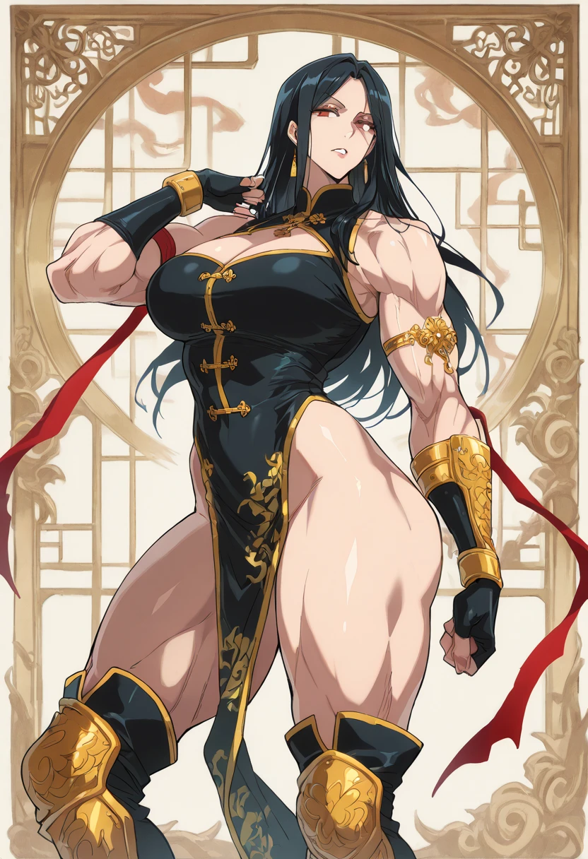 (1girl), black hair, extremely long hair, yellow eyes, (((muscular))), ????????????, thick thighs, solo, angry, (pale skin), cowboy shot, detailed armor