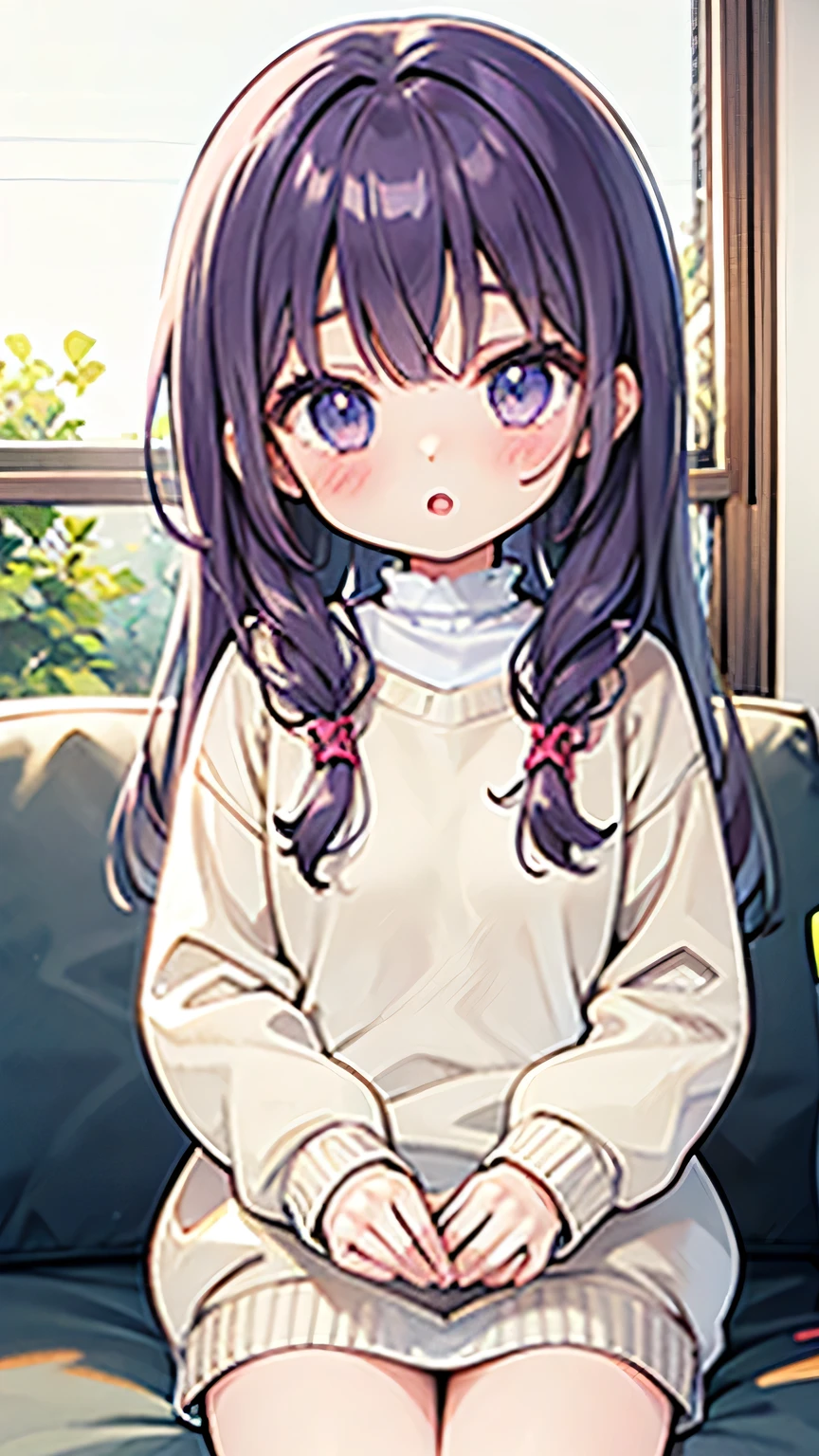 purple hair、long hair、sweater、""Little girl""、""Girl""