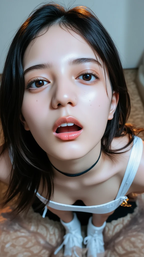 (ultra realistic),Photo, high quality, Analog Photography  , (low lighting), (neon atmosphere) light background ,portrait of a girl, , chölka, view from above, detailed eyes,Emphasize cleavage、Face stained with cream