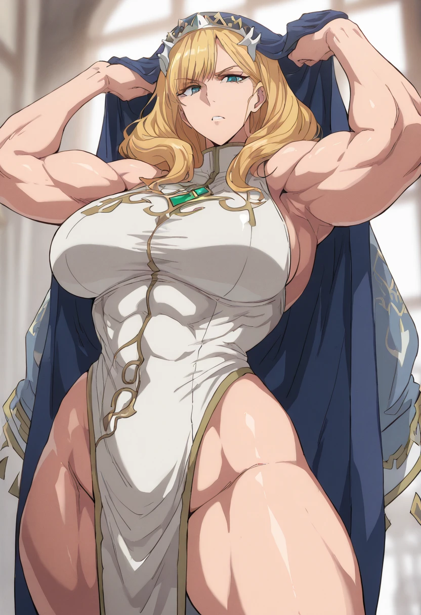 score_9, score_8_up, score_7_up, source_anime BREAK 1girl, solo, <lora:queenofmane-lo-richy-v1_pdxl:1> qnmndrs, yellow eyes, blonde hair, long hair, , choker, blue dress, o-ring, cleavage, navel cutout,  ,  legs,  shoulders, lips, (muscular female:0.7), thighs