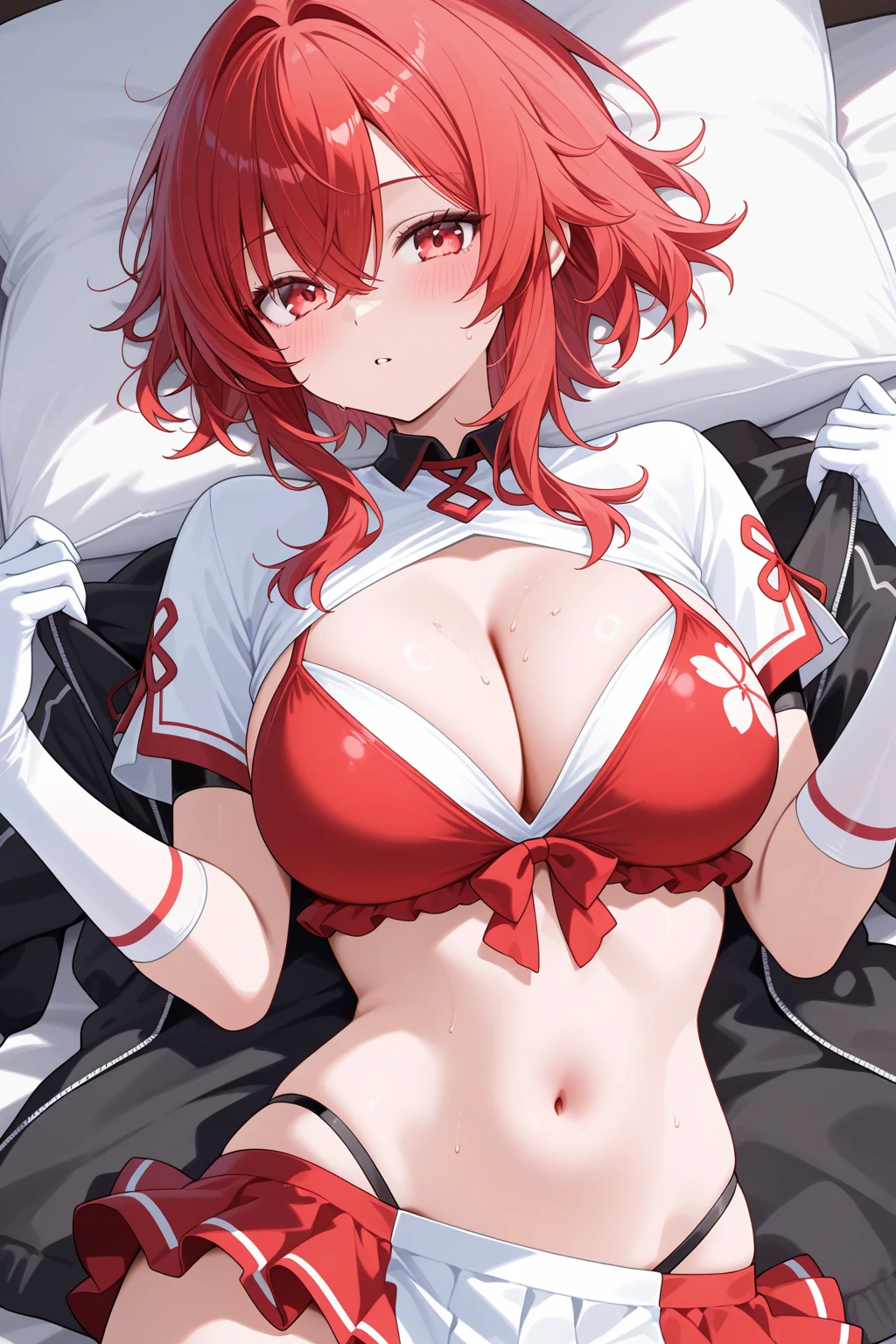 score_9, score_8_up, score_7_up, source_anime, illustration, BREAK 1girl, solo,(close up ???????:1.4),,wet skin,nikkeredhood, red hair, long hair, headgear, yellow eyes, red scarf, crop jacket, red jacket, black shrug \(clothing\), midriff, zipper, cleavage, ?????????????, suspenders, fingerless gloves, room, indoors, looking up, lying, lying on bed, hand on stomach, hands on own stomach, bed, disgusting face, closed mouth, serious, navel, closed eyes,
