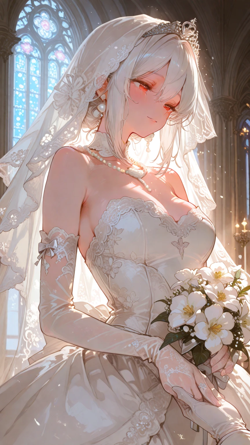 1 girl，Kasugano Sora，wedding pantyhose，wedding dress，white gray hair，long double ponytail，bridal bouquet，wedding veil