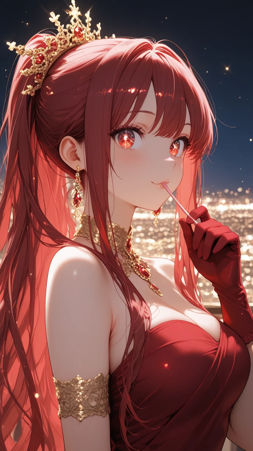 Placing hand on face, Biologically correct five fingers、Realistic, real person, RAW photo, photorealistic, portrait photography, shiny skin, 18-year-old female、(ponytail) and (red hair) and (red eyes) and (jitome), BREAK (black:1.2) and (off shoulder blouse) BREAK、(grin:1.2), open mouth, The background is the interior of a restaurant at night.、alone、Are standing