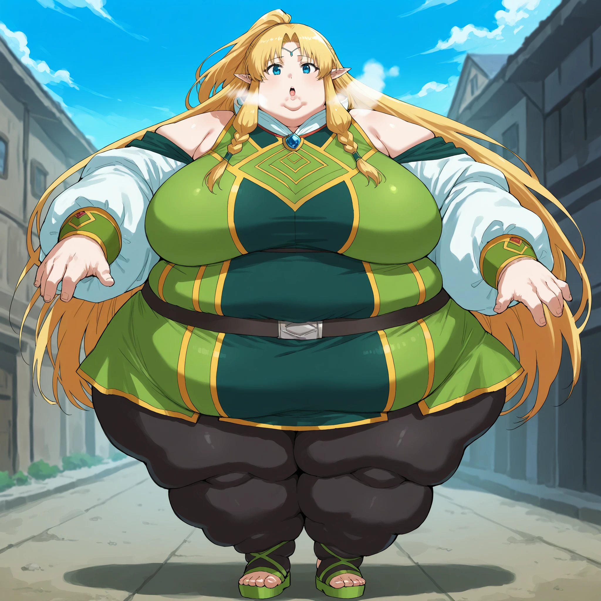 score_9, score_8_up, score_7_up,  source_anime, outdoors, blue sky, clouds, solo,   Mull3r, 1girl, very long hair, twin side braids, sidelocks, short ponytail, half updo, parted bangs, blonde hair, blue eyes, pointy ears, circlet, gentle smile, looking at viewer,
short dress, green dress, bare shoulders, detached sleeves, puffy sleeves, belt, black legwear, stirrup legwear, toeless footwear, platform footwear, green sandals, breasts, fat, chubby, obese, fat neck, multiple chins, big breasts open mouth, out of breath, Larger female, full body shot, only head, large head, oversized limbs, large hands, large feet, oversized feet, oversized fingers, big lips, plump lips, fat face, fupa, big fupa, fat fupa,  