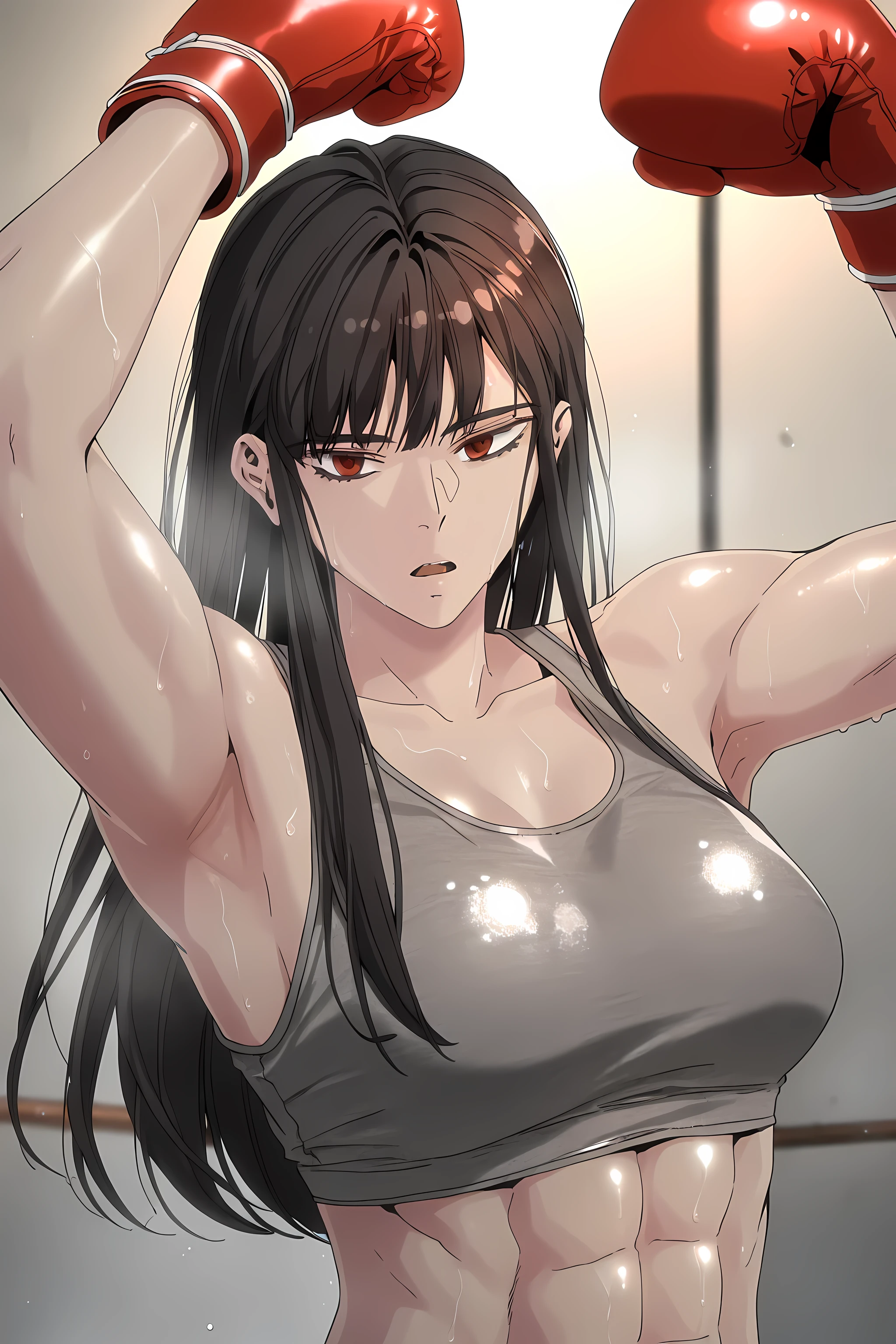 1girl, solo, young mature, ihwa, long hair, red eyes, black hair, ringed eyes, sidelocks, (ringed eyes:0.8), medium , toned female, abs, shiny body, sports bra, boxing gloves, sweating, showing armpits,sexy pose, looking at viewer, open mouth