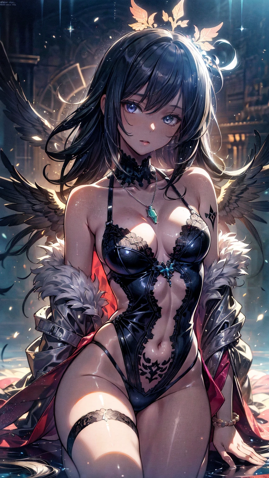 {{masterpiece}}, best quality, extremely detailed CG unity 8k wallpaper, cinematic lighting, lens flare, beautiful detail eyes, black,  side glance,  multicolor short red hair, colorful light, particles, heterochromia, (colorful:1.5), (colorful hair:1.5), wings on back,  slip, Hairy , show body goal,