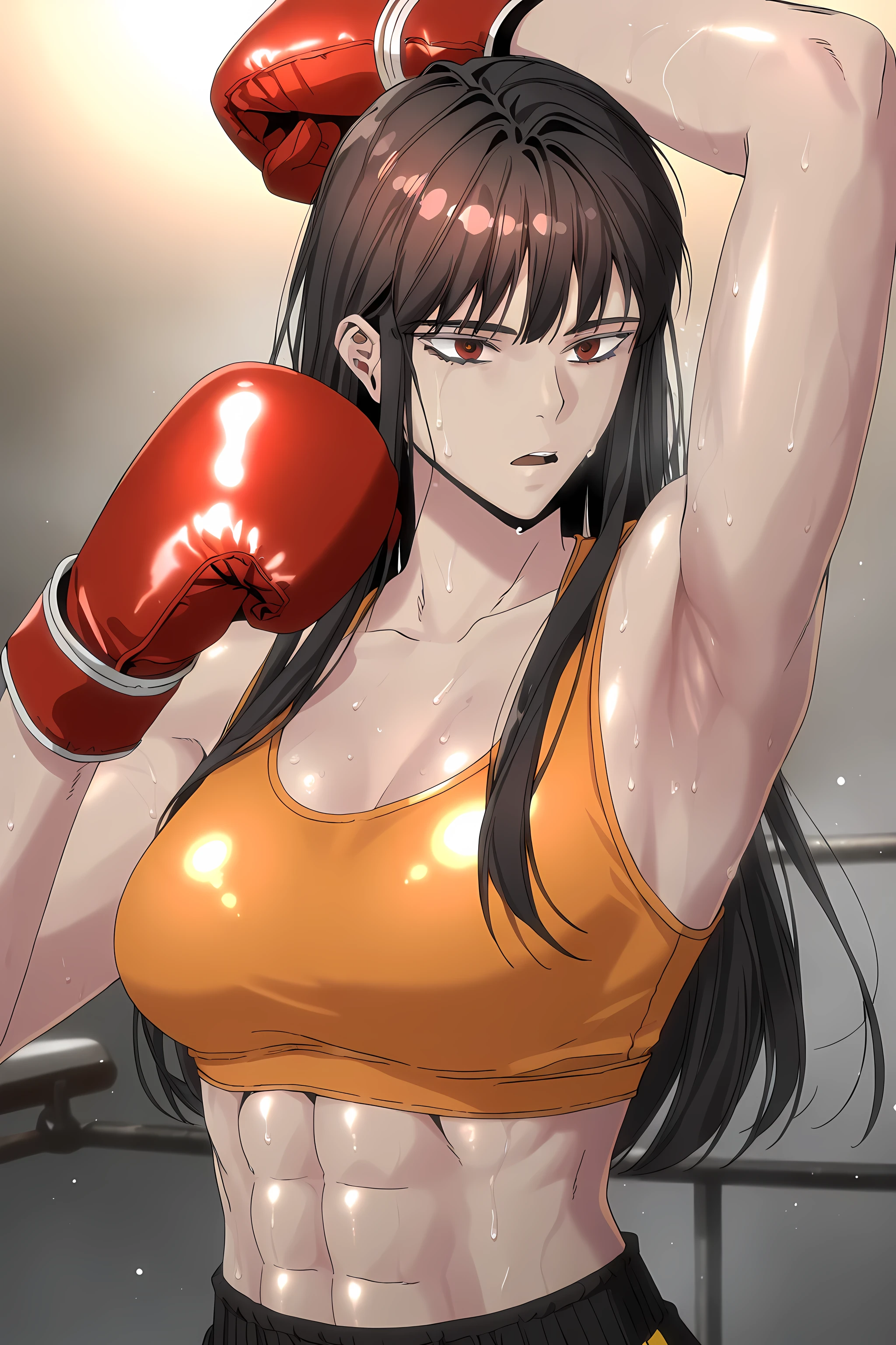 1girl, solo, young mature, ihwa, long hair, red eyes, black hair, ringed eyes, sidelocks, (ringed eyes:0.8), medium , toned female, abs, shiny body, sports bra, boxing gloves, sweating, showing armpits,sexy pose, looking at viewer, open mouth