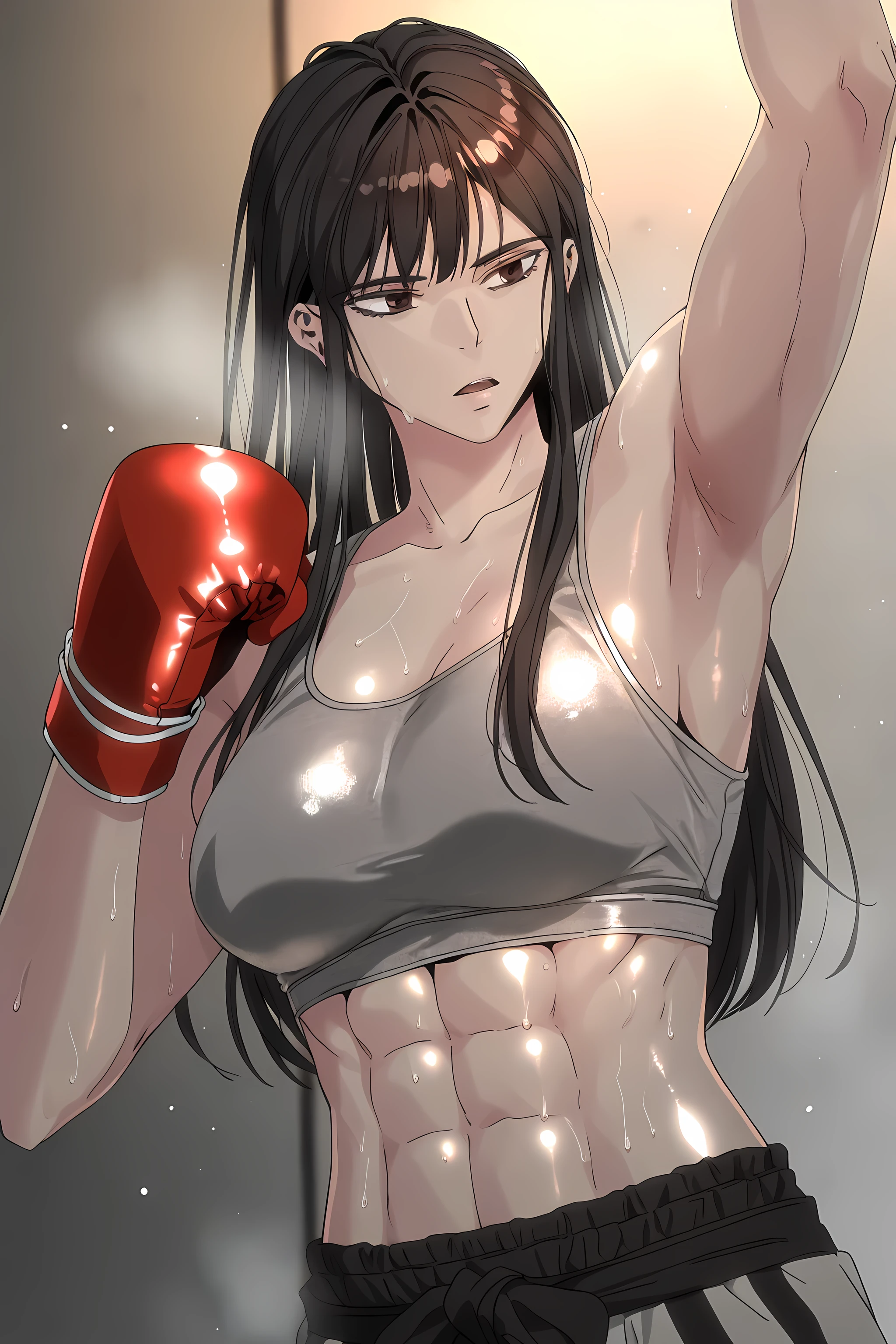 1girl, solo, young mature, ihwa, long hair, red eyes, black hair, ringed eyes, sidelocks, (ringed eyes:0.8), medium , toned female, abs, shiny body, sports bra, boxing gloves, sweating, showing armpits,sexy pose, looking at viewer, open mouth