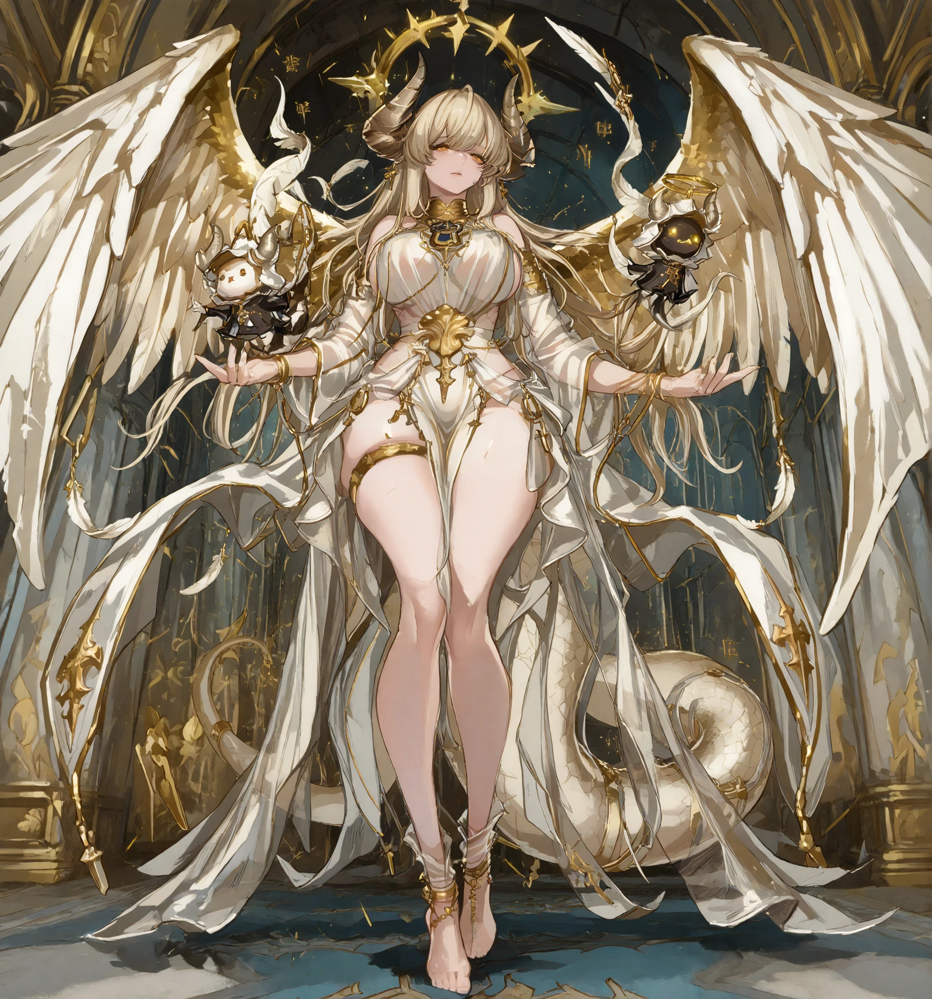 A mythical and powerful hybrid creature with a female humanoid form, featuring majestic ram-like horns and shimmering white scales. Walking graciously, Curvy body, mature women body, big breasts, long model legs, tiny waist. The creature has glowing golden eyes and an intricately designed armor adorned with gold accents, exuding a sense of strength and elegance. The background is dark and ethereal, enhancing the creature's otherworldly presence. Pair of wings on top of her head, The overall atmosphere should be mysterious and striking, capturing the essence of fantasy, levitating, long tail full of feathers, fins and wings on her tail, jewelry and pendants on her cetim see through coat, gold patterns on her dress, gold halo, wings all over the place, epic design, big gold anklet, golden thigh strap, bare feet