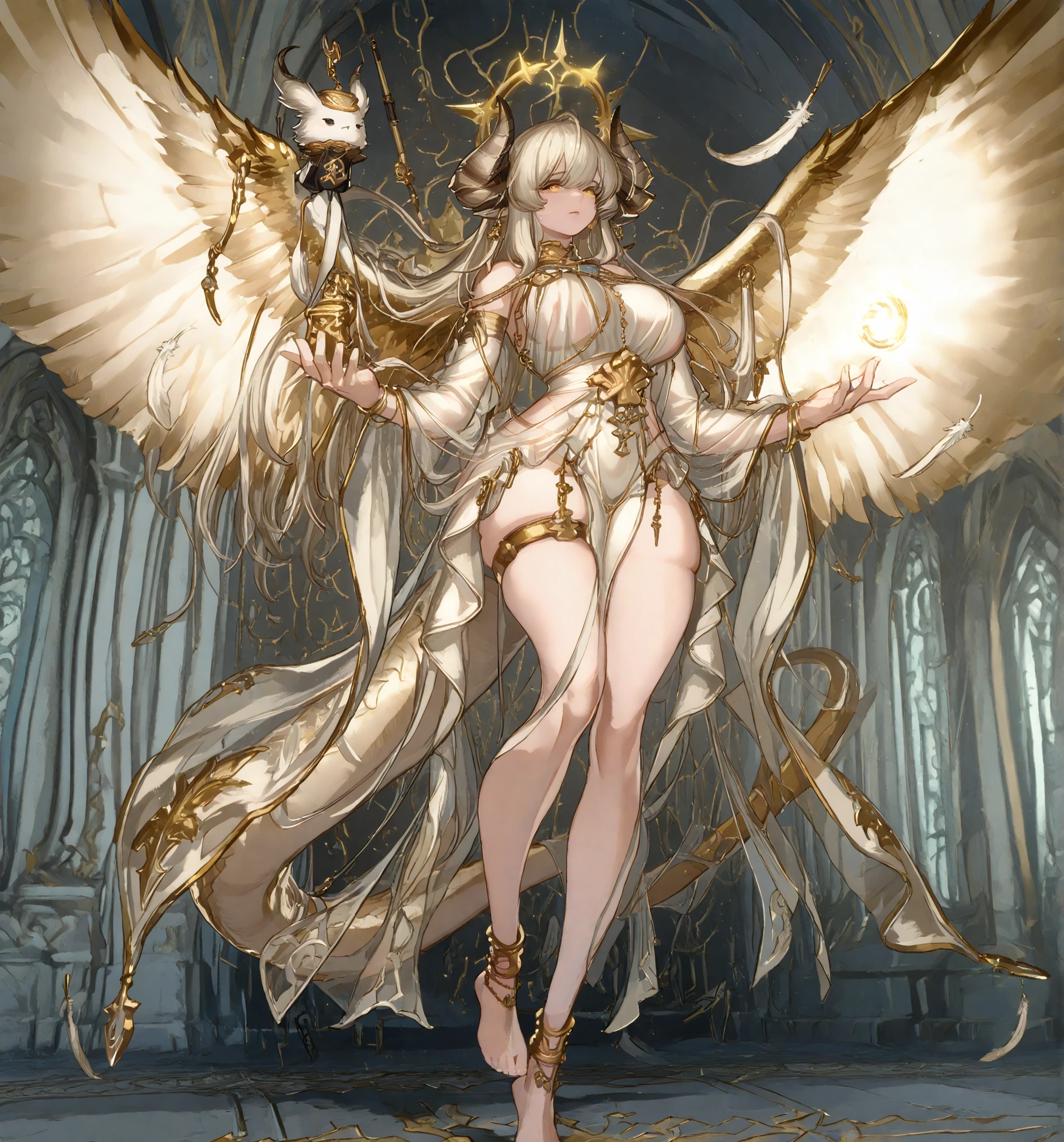 A mythical and powerful hybrid creature with a female humanoid form, featuring majestic ram-like horns and shimmering white scales. Walking graciously, Curvy body, mature women body, big breasts, long model legs, tiny waist. The creature has glowing golden eyes and an intricately designed armor adorned with gold accents, exuding a sense of strength and elegance. The background is dark and ethereal, enhancing the creature's otherworldly presence. Pair of wings on top of her head, The overall atmosphere should be mysterious and striking, capturing the essence of fantasy, levitating, long tail full of feathers, fins and wings on her tail, jewelry and pendants on her cetim see through coat, gold patterns on her dress, gold halo, wings all over the place, epic design, big gold anklet, golden thigh strap, bare feet