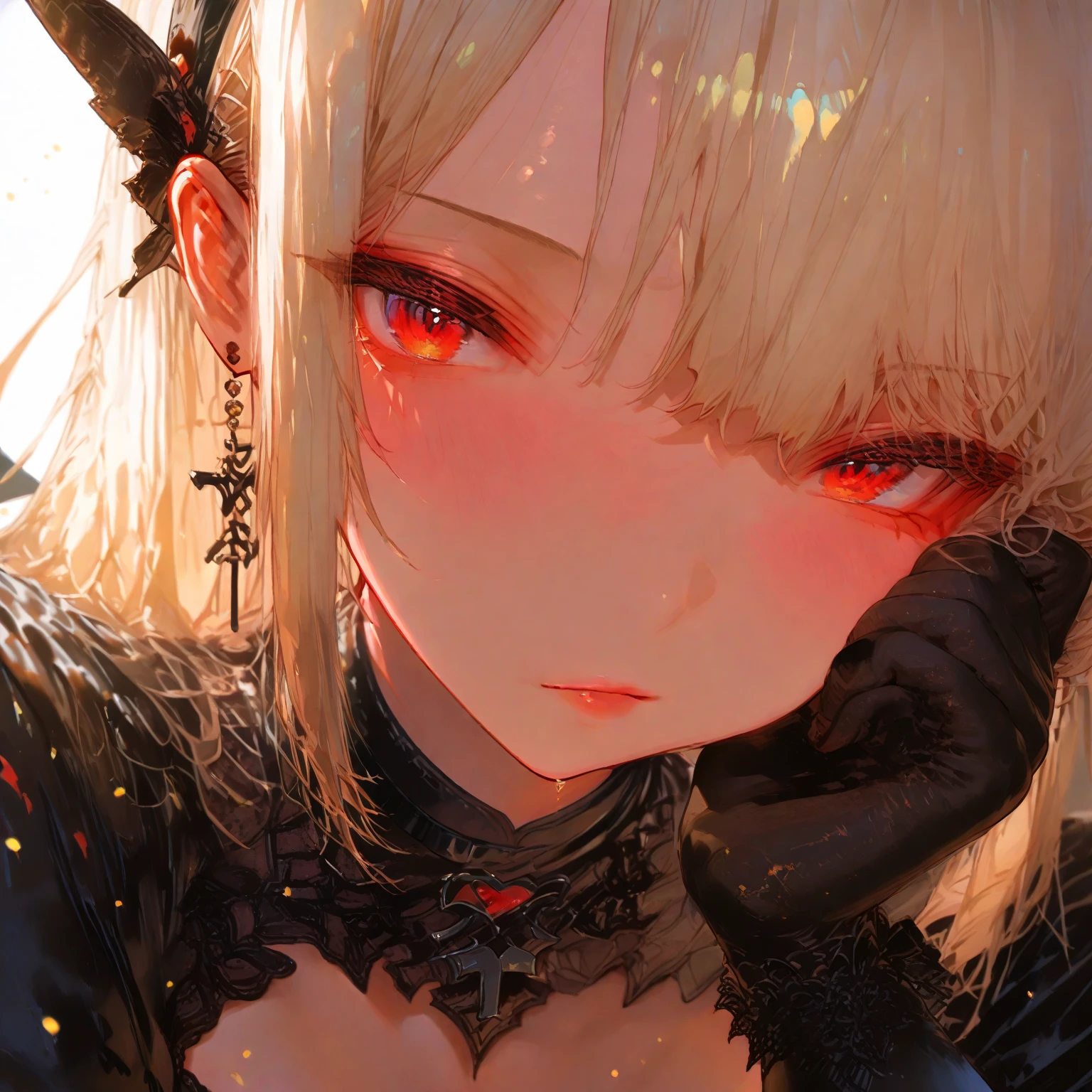 Portrait of a fascinated demon girl, red glowing eyes, blonde windy hair, crouching, hands on face. Darkness background, torn bandage 