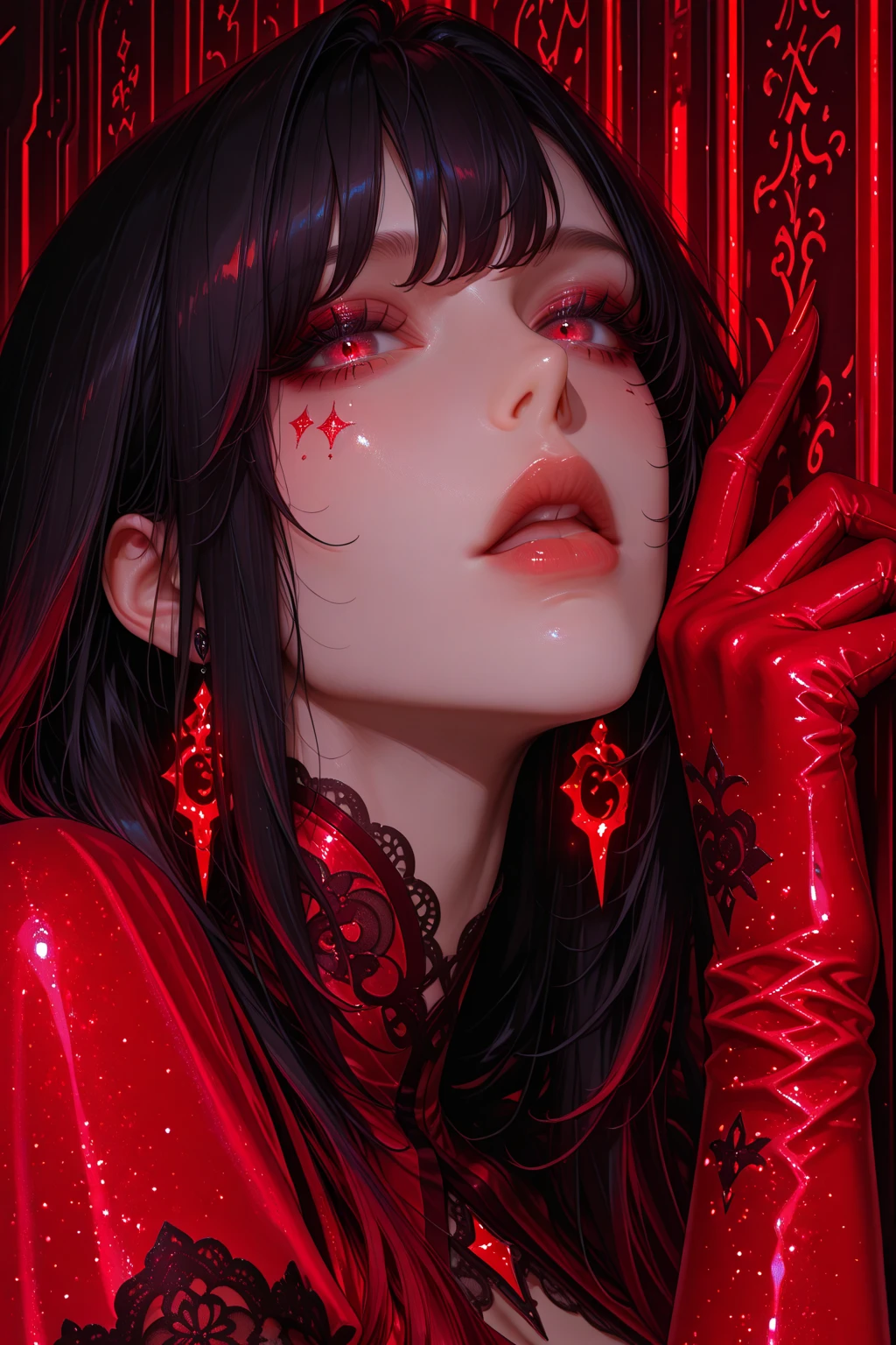 Explore the depths of darkness and passion with this striking digital artwork featuring a  woman adorned in a black dress, her ruby red lips a stark contrast against the bold red and black splatters that surround her.