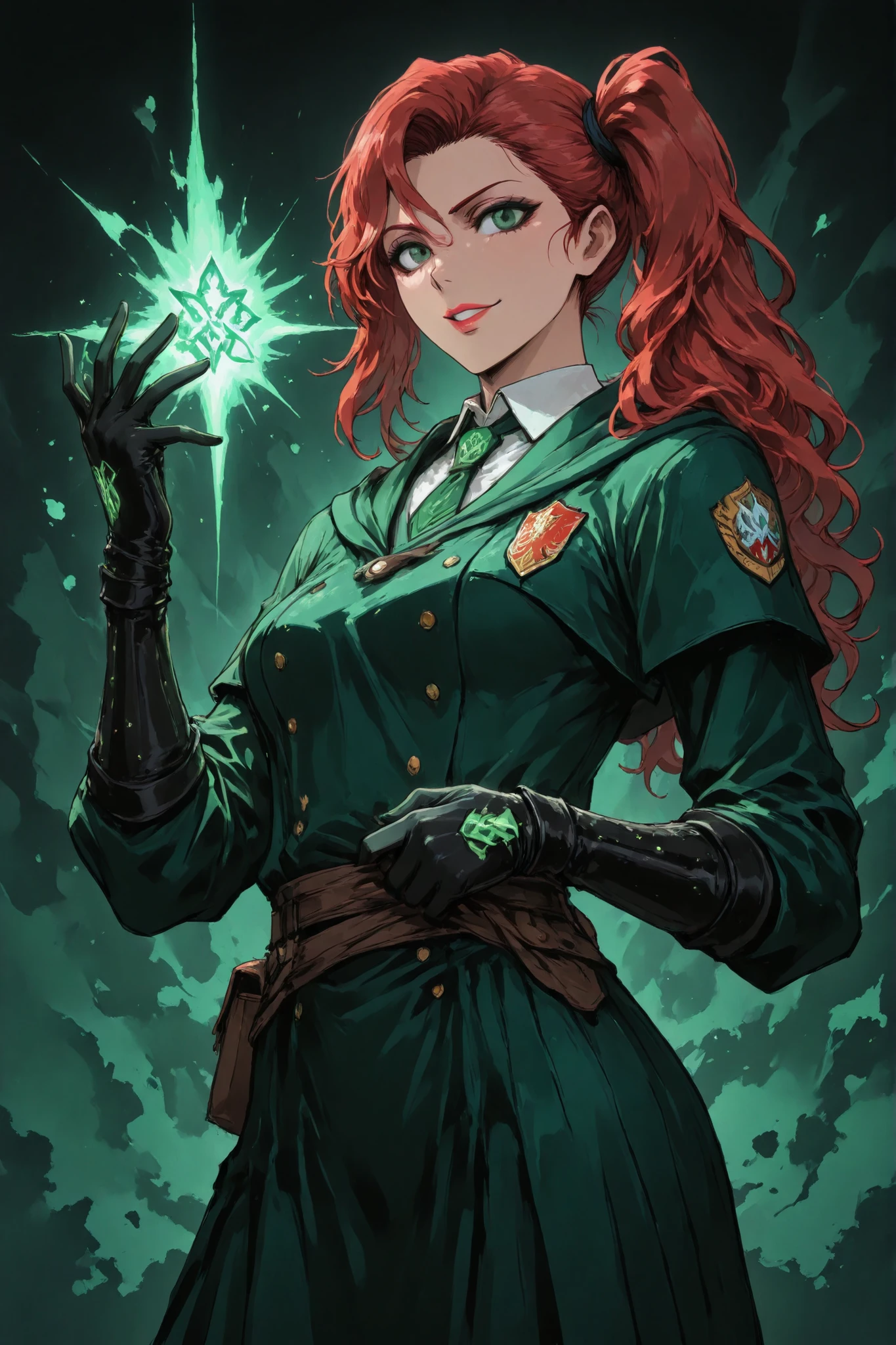 Masterpiece, highly detailed, beautiful Irish woman, fair skin, long red hair, wavy hair, Side ponytail, athletic body, light makeup and lipstick, green_eyes, slender waist, Ireland quidditch uniform, elbow protections, armor, trausers, emerald green robe , black velvet gloves, clothes are inscribed with glowing magical runes, pretty smile, pulling her glove on, closeup shot, dramatic lighting, deep shadows, Bleach art style