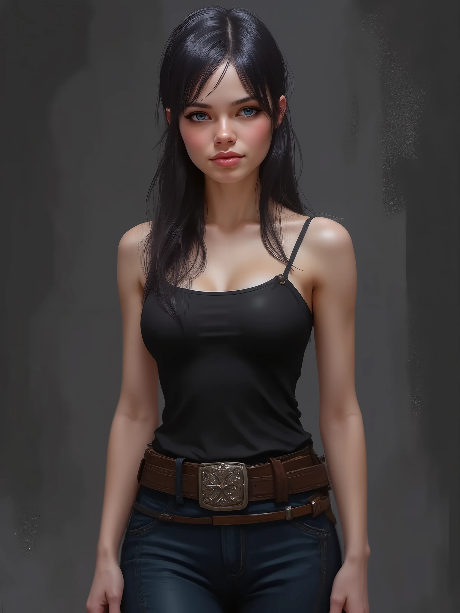 digital painting, marinette Dopanchan, A very beautiful and cute 22 year old woman. (Sharp focus on the face:1.5), (blue eyes:1.5), (((western eyes))), (extremely detailed blue eyes:1.5), (((beautiful eyes, beautifully detailed eyes))), (((delicately detailed thin pink lips))), (((long hair))), (thin waist), (perfect thighs:1.5), (perfect body:1.5), (perfect ), (anatomical correct). (jet-black medieval style sleeveless t-shirt:1.5), (dark_blue medieval style leather warrior pants:1.5), deep gaze, slight smile. (((The background is dark_gray and painted with expressive, visible textures using dynamic brushstrokes and strokes that add depth and movement. The paint covers only the area just behind the subject. The outer edges of the image with black margins, as if the background had been painted with a brush and with expressive and visible textures using dynamic brushstrokes and strokes fading toward the edges creating a modern and artistic vignette effect))). Cinematic lighting, vibrant colors, (cowboy shot:1.5, standing:1.5), (full body view), looking at the viewer, dynamic pose, graceful pose,  soft depth of field, (masterpiece:1.5), (best quality:1.5), (((high resolution, top quality, high quality, UHD, 16k quality))), clear image, sharp focus, no blur, film grain, bokeh.