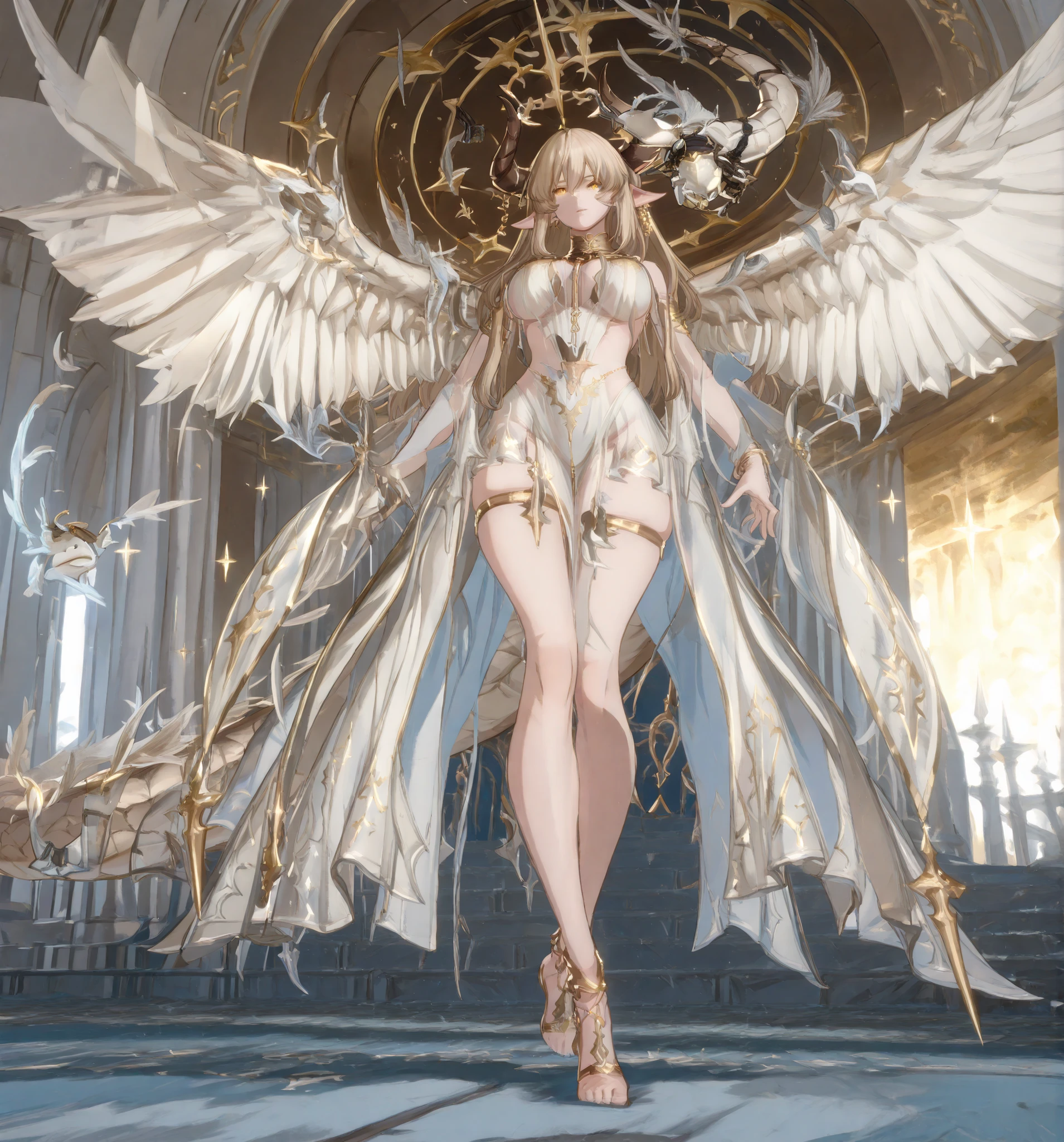 A mythical and powerful hybrid creature with a female humanoid form, featuring majestic ram-like horns and shimmering white scales. Walking graciously, Curvy body, mature women body, big breasts, long model legs, tiny waist. The creature has glowing golden eyes and an intricately designed armor adorned with gold accents, exuding a sense of strength and elegance. The background is dark and ethereal, enhancing the creature's otherworldly presence. Pair of wings on top of her head, The overall atmosphere should be mysterious and striking, capturing the essence of fantasy, levitating, long tail full of feathers, fins and wings on her tail, jewelry and pendants on her cetim see through coat, gold patterns on her dress, gold halo, wings all over the place, epic design, big gold anklet, golden thigh strap, bare feet, pointy elf ears