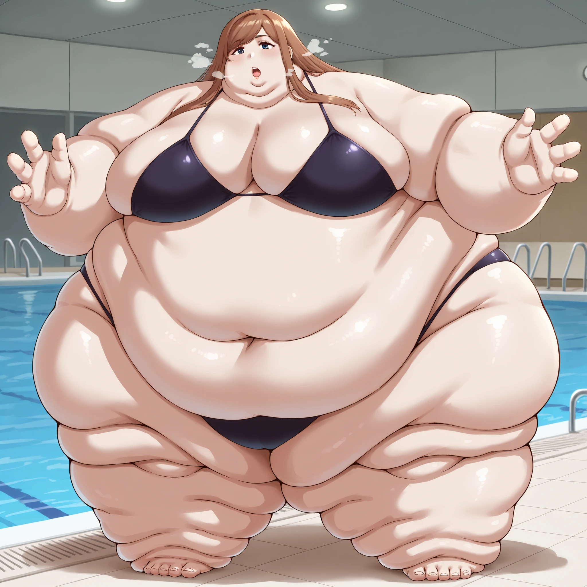 fabinikupriestess, brown hair, long hair, blue eyes, bikini, pool, breasts, fat, chubby, obese, fat neck, multiple chins, big breasts open mouth, out of breath, Larger female, full body shot, only head, large head, oversized limbs, large hands, large feet, oversized feet, oversized fingers, big lips, plump lips, fat face, fupa, big fupa, fat fupa,  