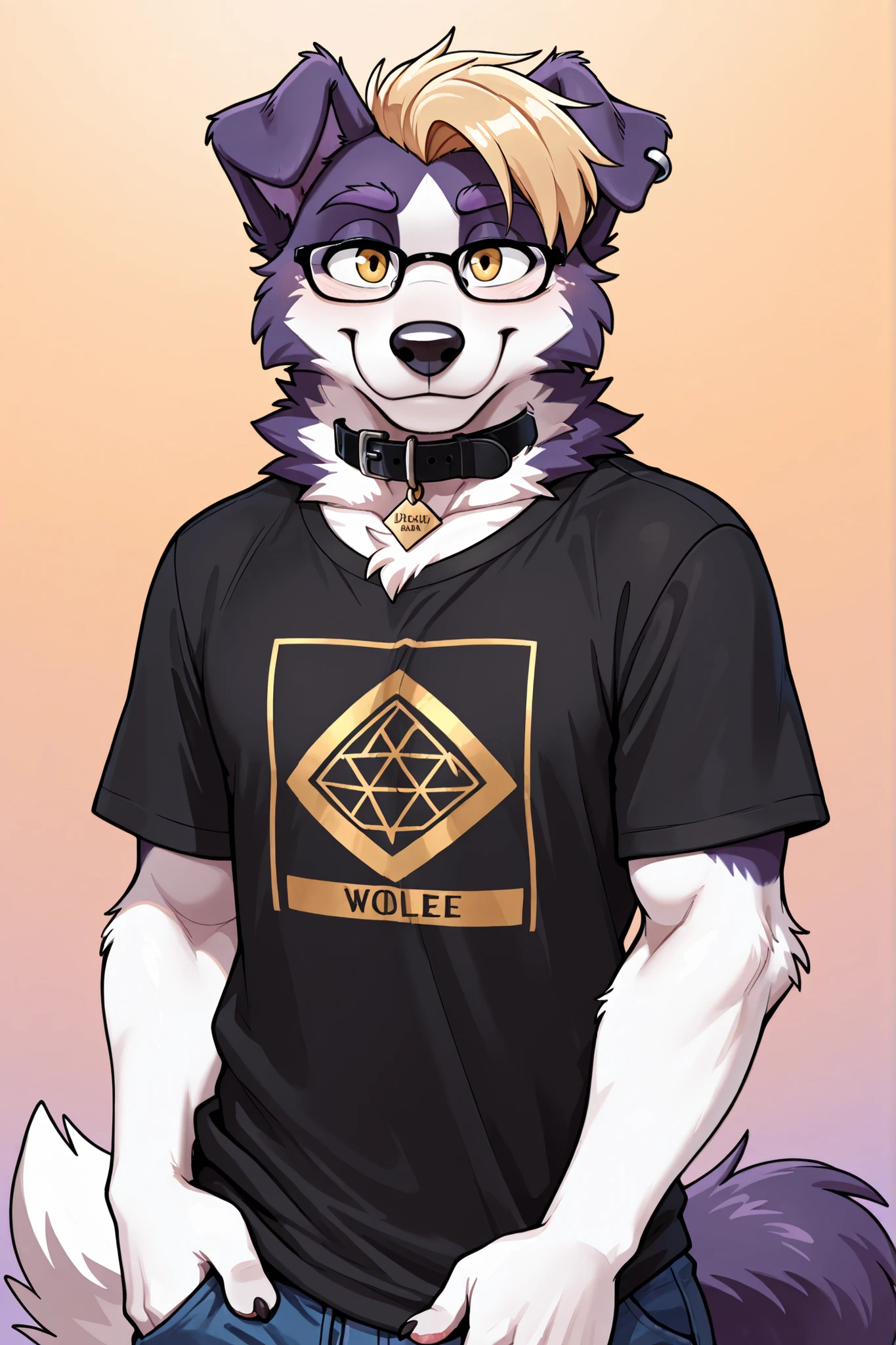 medium portrait, masterpiece, high quality, detailed, best quality, bordier collie, canid, canine, canis, collie, domestic dog, herding dog, pastoral dog, sheepdog, furry, anthro, dean, blonde hair, yellow eyes, glasses, dark purple nose, black ear ring, ear piercing, black collar, gold rhombus label on collar, violet eyebrows, white neck tuft, tail, fluffy tail, white fur, purple fur, two tone fur, male, 1boy, solo, black t-shirt, happy, mouth closed, looking at viewer, orange gradient background