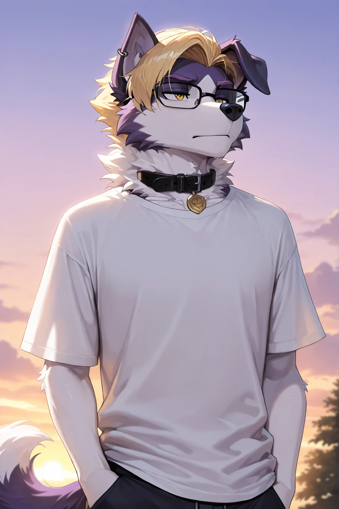 medium portrait, masterpiece, high quality, detailed, best quality, bordier collie, canid, canine, canis, collie, domestic dog, herding dog, pastoral dog, sheepdog, furry, anthro, dean, blonde hair, yellow eyes, glasses, dark purple nose, black ear ring, ear piercing, black collar, purple eyebrows, tail, fluffy tail, white fur, purple fur, two tone fur, male, 1boy, solo, white t-shirt, looking the other way, mouth closed, bored, sky background, sunset,