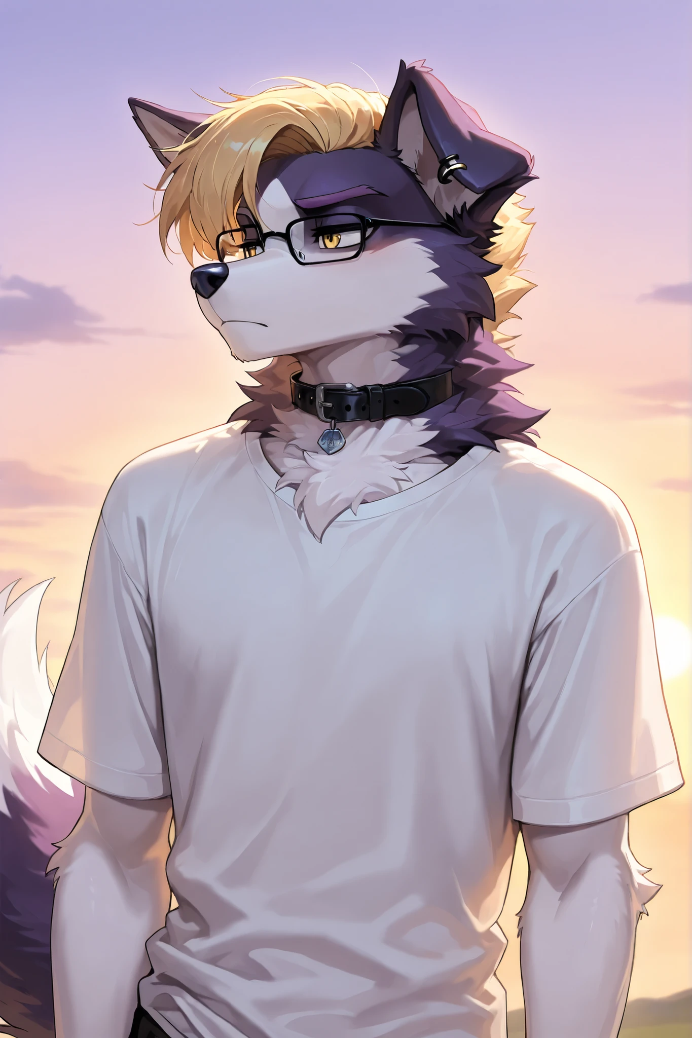 medium portrait, masterpiece, high quality, detailed, best quality, bordier collie, canid, canine, canis, collie, domestic dog, herding dog, pastoral dog, sheepdog, furry, anthro, dean, blonde hair, yellow eyes, glasses, dark purple nose, black ear ring, ear piercing, black collar, purple eyebrows, tail, fluffy tail, white fur, purple fur, two tone fur, male, 1boy, solo, white t-shirt, looking the other way, mouth closed, bored, sky background, sunset,