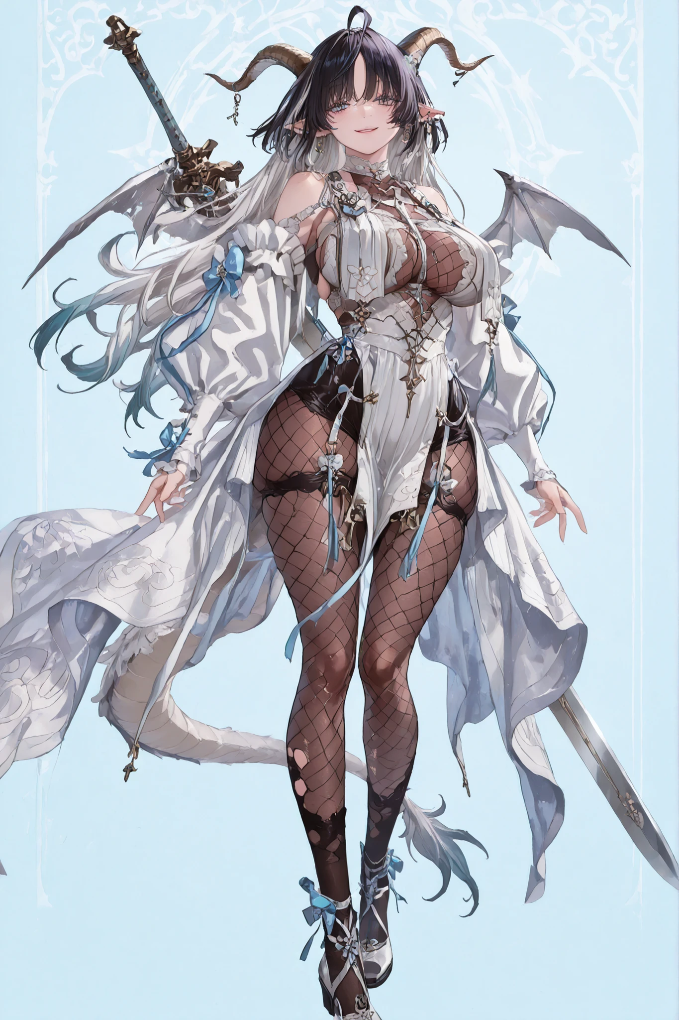 8k wallpaper、 top quality 、masterpiece, 748cm スThailandル 、sexy black bralette dress with fishnet top beneath, woman 1 person、ribbon、piercings and earrings on her ears, pointy elf ears, black ripped pelvic curtain dress、 cute black oversized coat with puffy sleaves with open sholders, chains and Accessories on clothes, dark pantyhose and fishnet、 black knee socks 、rororogi mogera、 style strap 、 Thailand、 pantyhose、、black hair with gray tips and gold lines、 albino eyelashes 、 long hair falling down her chest、 Underbob 、blue ribbon bow in the head、 Pretty blueish purple Eyes、 wide hips、Protruding thighs 、 pale pinky skin, very big breasts 、close up, Light blue background 、open chest area dress, simple background、lazy smile、 high detail design, standing up、boob window, leaning down towards the camera, making a cute pose with her hands, fullbody, , huge sword on her back, punk style clothes, chest fishnet top, fishnet stocking, big cute , wings behind her ears, demon girl, five big octopus tails behind her, goat horns, goat eyes, five octopus tails, big curvy hair.heavenly divine dragon girl, white huge dragon horns with golden ends, big dragon tail, white hair, ver long hair, thick hair, very big breast, green-blue gradient dragon eyes, white dragon sexy revealing outfit with breast curtains, white nylon stockings, white choker, sexy white cheongsam dress with gold details, taliman paper on her , fullbody, head to toe, sexy white delicate toga with gold details,