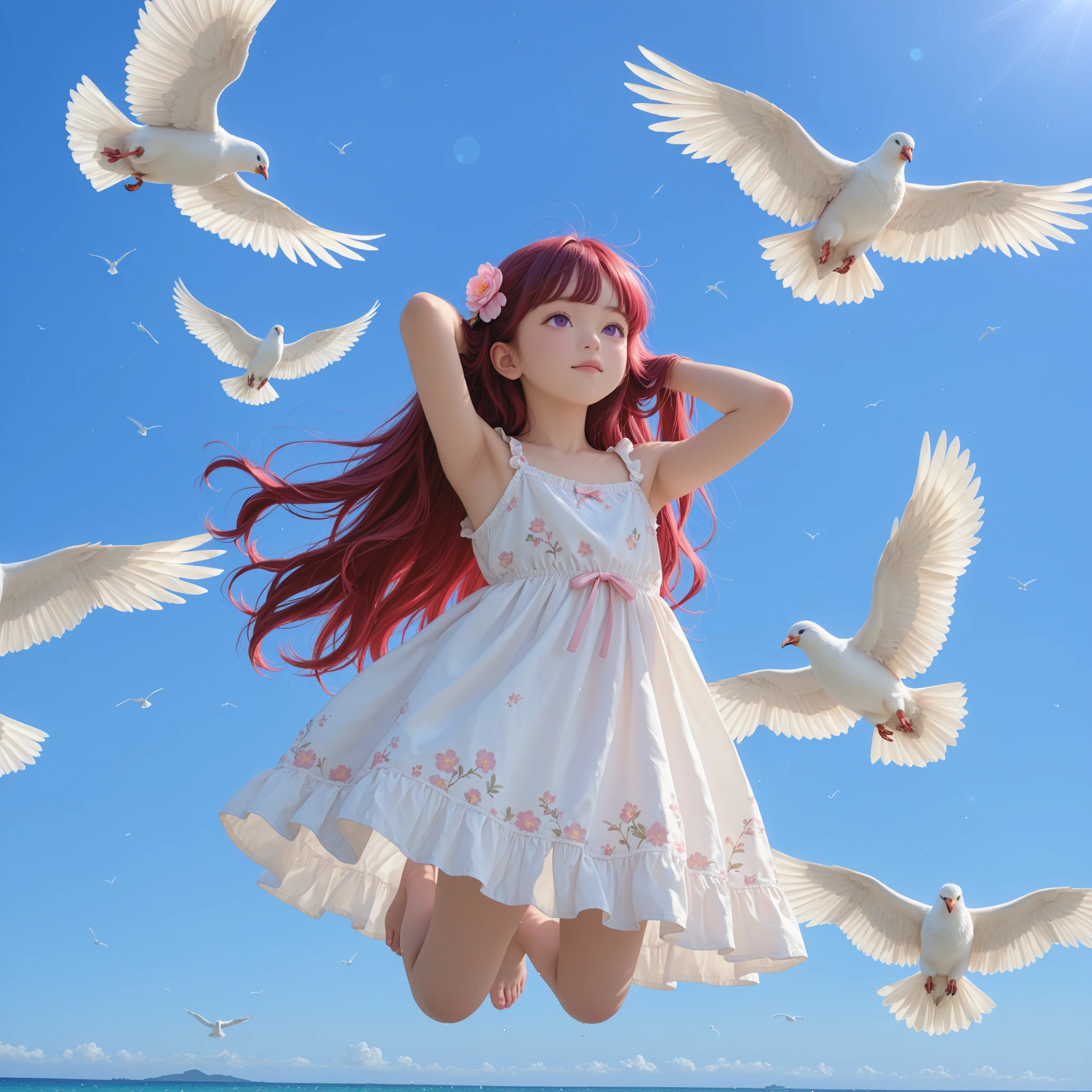 ultra sharp, 8k, Canon R5, 85mm f/1.2 lenses, Clean Exposure, Cinematic depth of field. outdoor, Paolo Peregrin's enigmatic atmosphere and Roger Deakins' moody lighting. young girl, (long reddish-purple red crimson long hair) ツインテールヘアー, arms behind head, look up, (baby-like face) (infant body shape) (short limbs) (wearing slip-dress) full body (((lots of white birds flying around the blue sky and sea space))) ((lots of white doves flying around unearthly)) (A bird crosses in front of the girl) floral hair ornament, dramatic low key lighting. Ritualistic. mysterious, shallow depth of field. mysterious魅力, form below, half front view, low angle. full body. barefoot,
BREAK,
(最高品質, 8k,32K,傑作, 超高解像度:1.2),非常に詳細なCGユニティ8K壁紙,複雑な詳細,生写真,(写実的:1.4),雰囲気,超高解像度,現実istic,現実,巨大な_ファイルサイズ,非常に高解像度,(中央揃え:1.3),超イラスト,(超詳細な),シネマティックライティング,様々な色,被写界深度,アート:クレンツ・クシャールト,ゴールデンアワーライティング, を正確に描いた ,シグマアートレンズ 35mm F1.4,ISO 200 シャッタースピード 2000